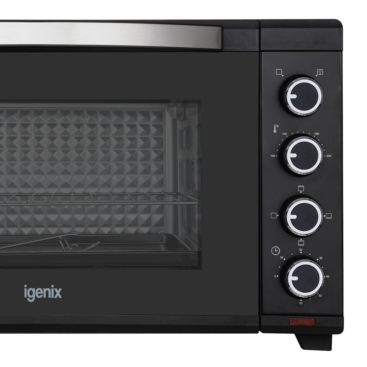 Igenix 60L Mini Oven, Black, with a glass door and four control dials on the right side.