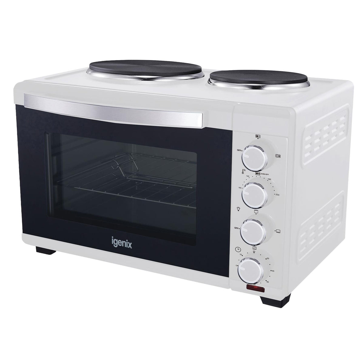 Igenix 48L Mini Oven with Hotplates, White, featuring two stovetop hotplates and four control dials on the front panel.