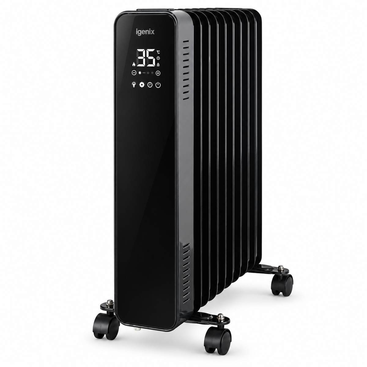 White Igenix Smart Oil Filled Radiator, 2500W, 11 Fin, Portable Electric Heater with a digital display screen, wheels, and remote controlled functionality.