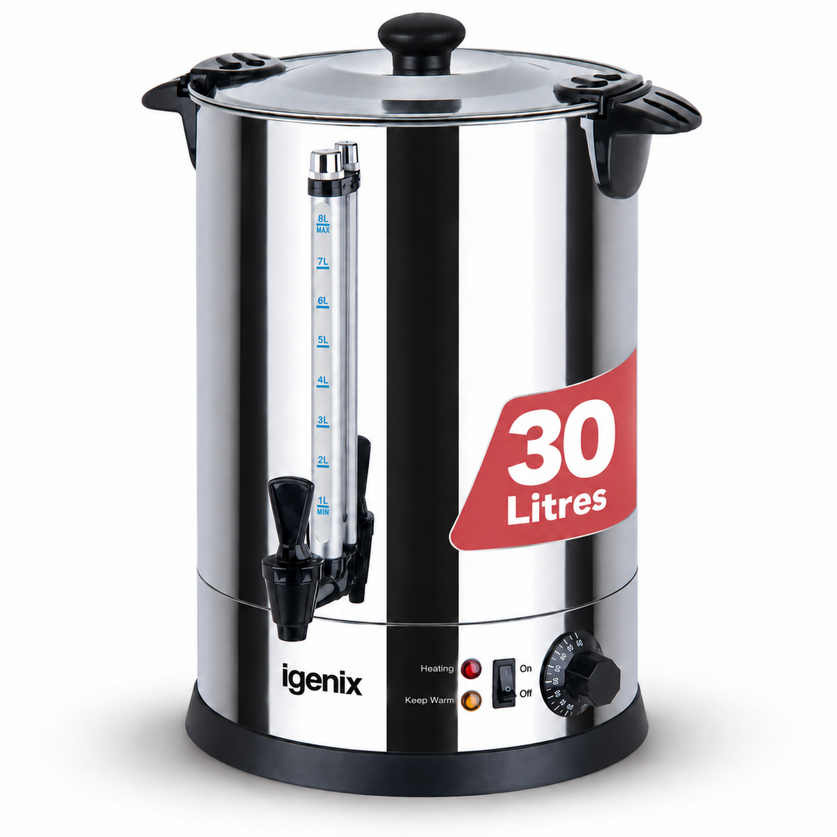 Igenix 30 Litre Catering Urn, Hot Water Boiler, Stainless Steel with a water level gauge, a tap, and an adjustable thermostat.
