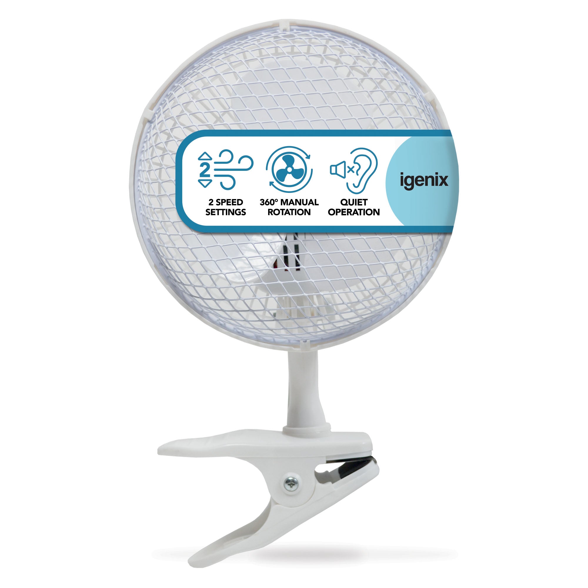 The Igenix Clip On Desk Fan is a white 6 inch fan with 2 speeds, quiet operation, 360° manual rotation, and a protective mesh cover—perfect for desktop use.