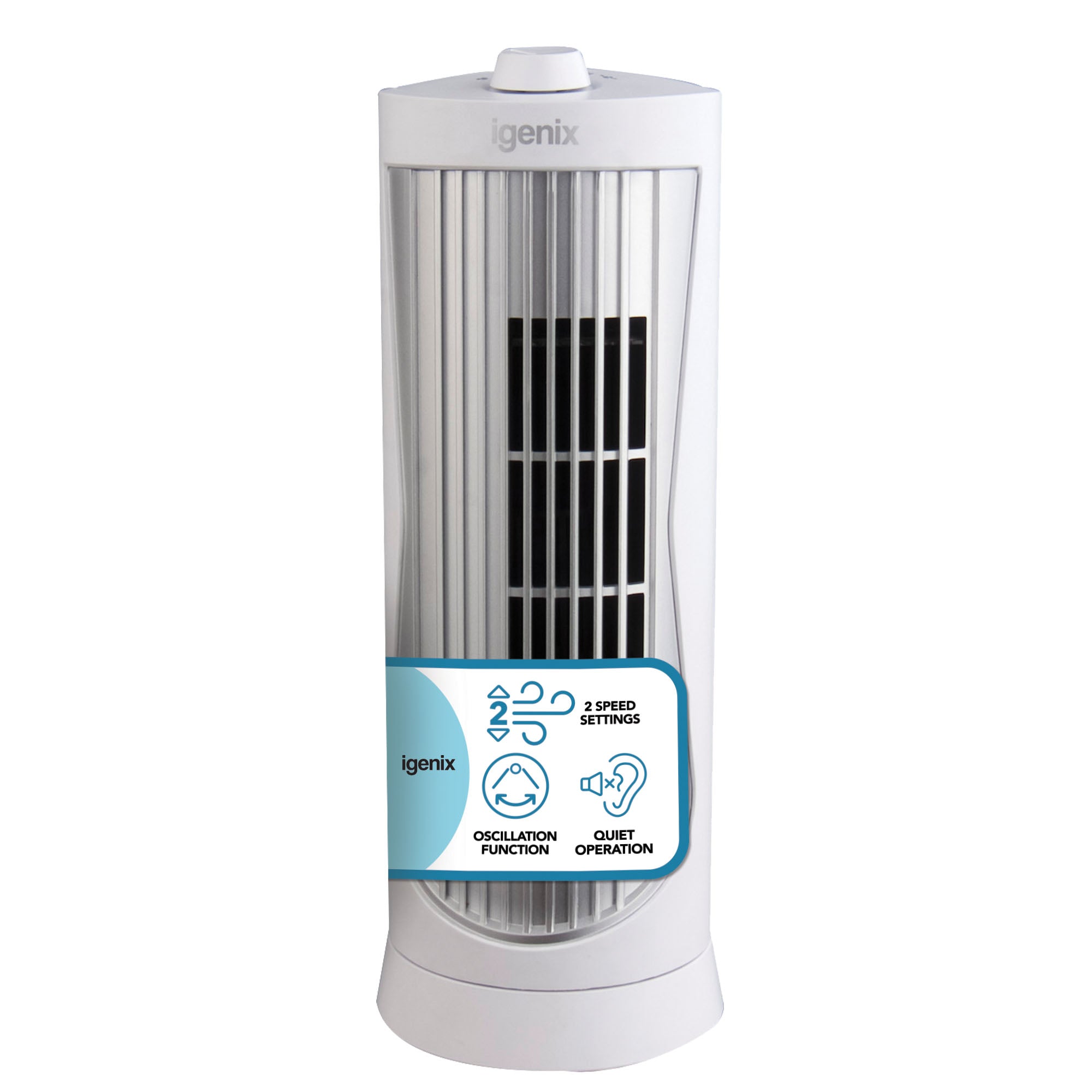 The Igenix Mini Tower Fan, 12 inch, in white features vertical vents, top control buttons, and a blue label showing 2 speed settings, oscillation function, and quiet operation.