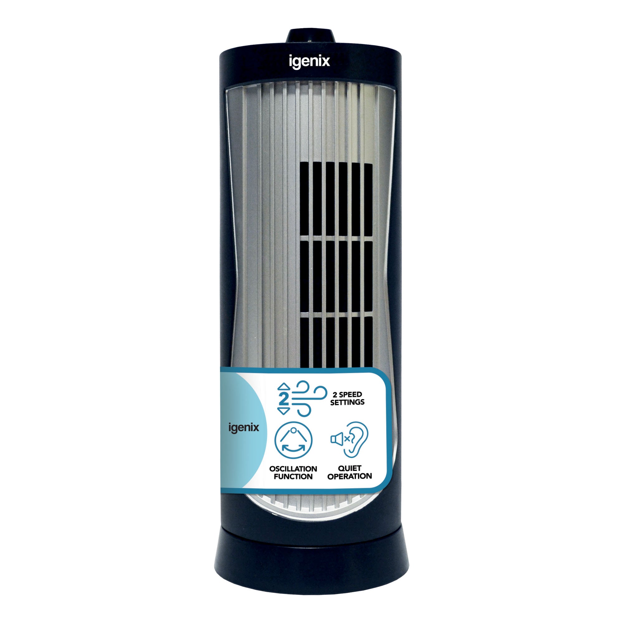 The Igenix Mini Tower Fan, Oscillating, 12 Inch, Black features a front grille and blue base label showing icons for oscillation, 3 speed settings, and quiet operation.