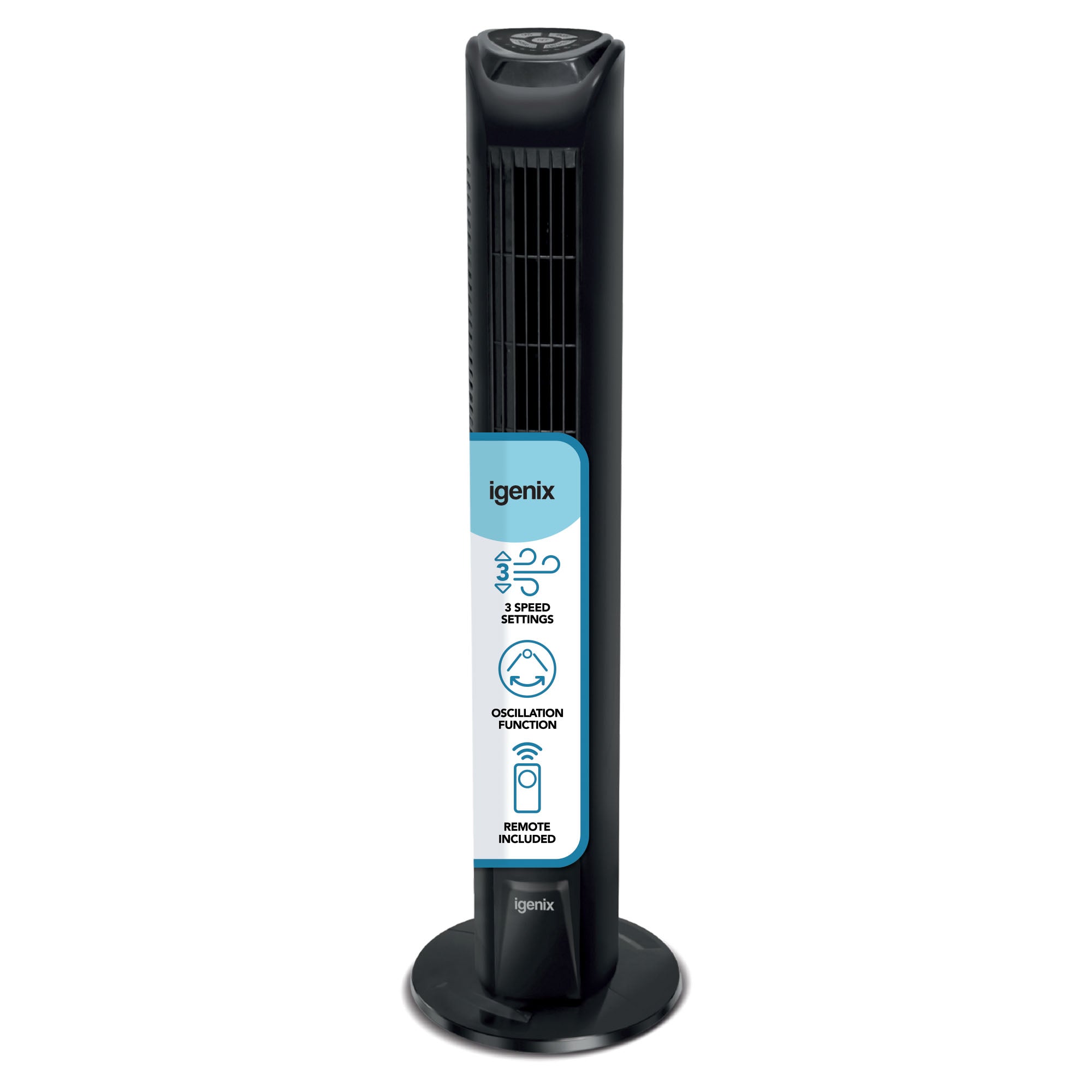 The Igenix black 29-inch oscillating tower fan features a circular base, top control buttons, a blue label displaying its 3 speed settings and oscillation function, plus a remote and a 7.5-hour timer.