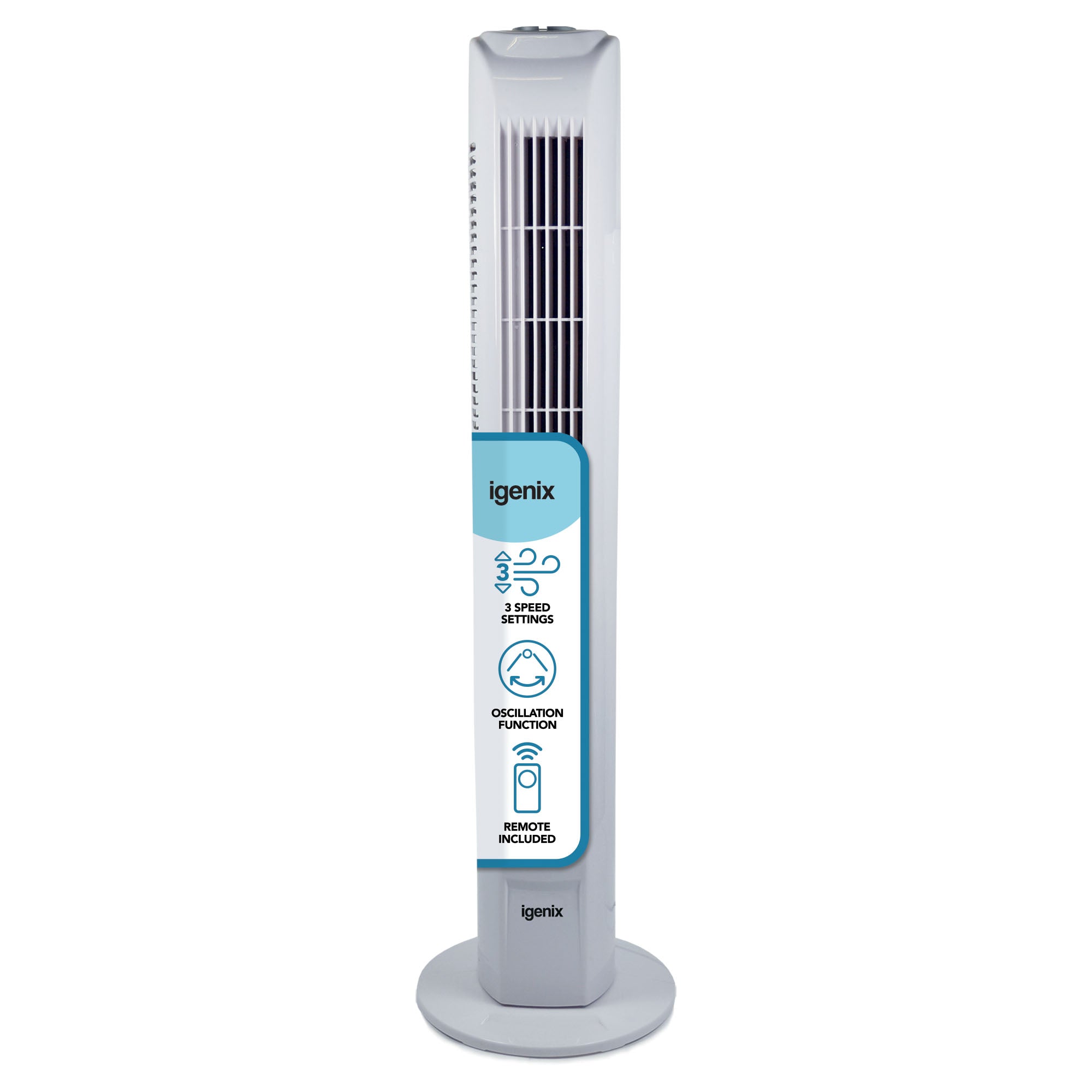 The Igenix 29-inch white tower fan features oscillation, a 7.5-hour timer, and a sleek design. The brand name Igenix appears at the top and bottom of the stylish fan.