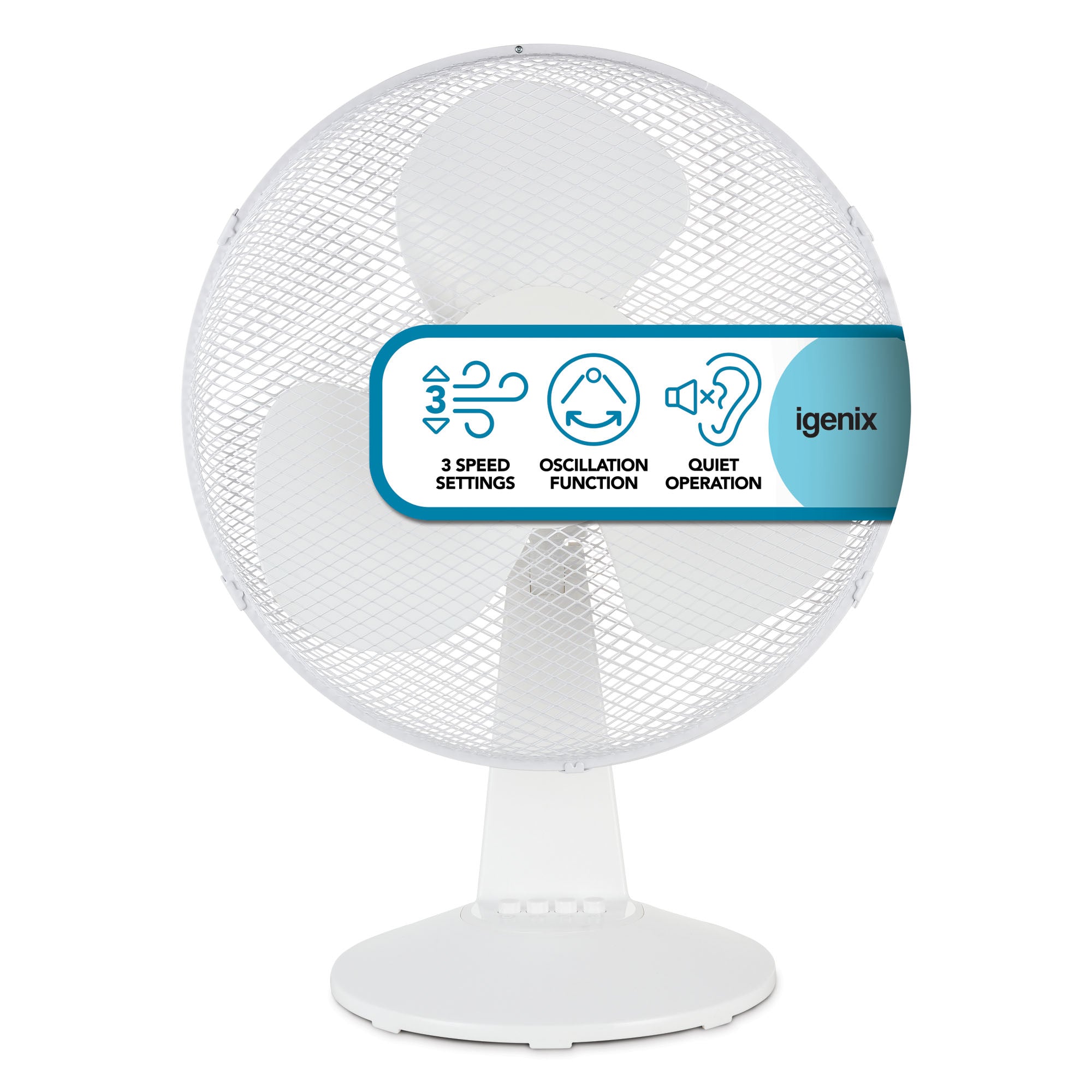 The Igenix 16 Inch Desk Fan in white features three speed settings, oscillation function, quiet operation, and a protective mesh grille. The Igenix brand name is displayed on the fan.