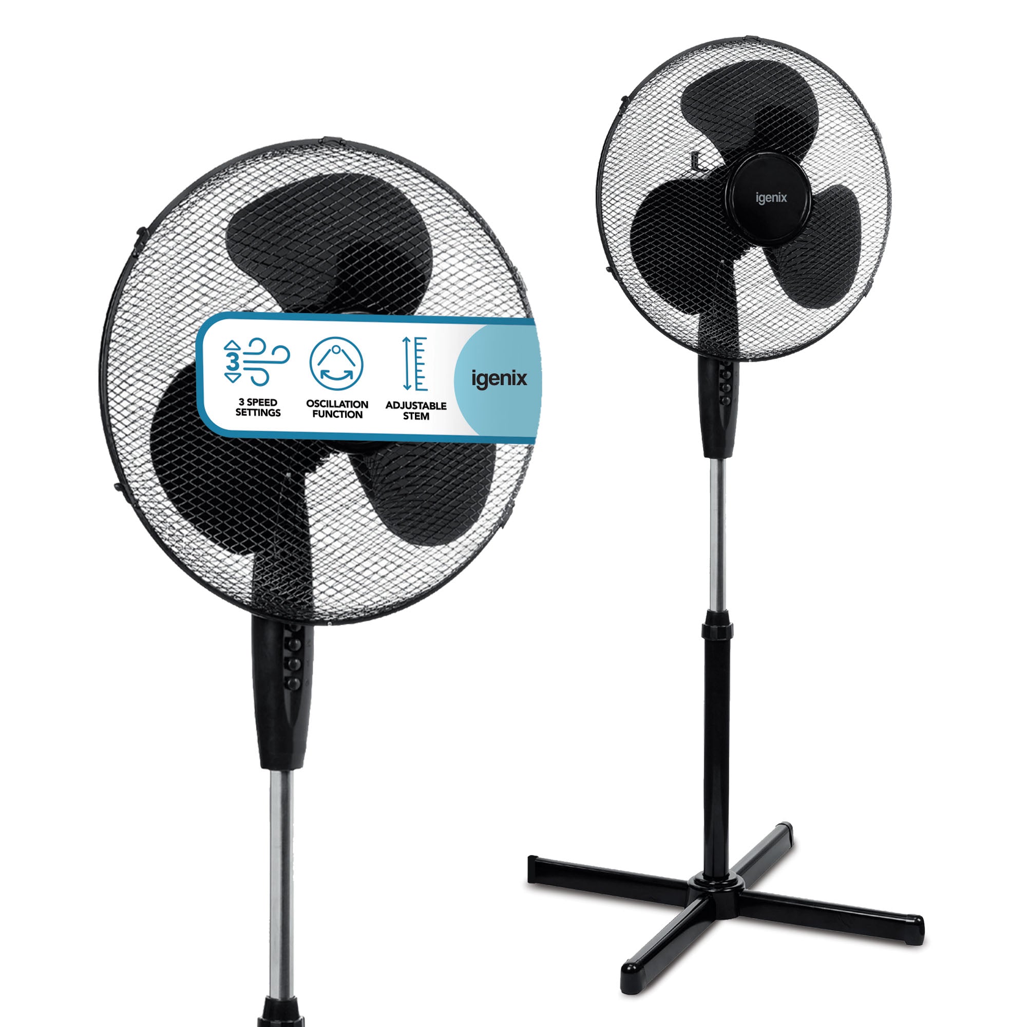 Two Igenix 16 Inch Pedestal Fans in black with mesh covers are shown. Featuring 3 speeds, oscillation, adjustable stem and tilt, both fans stand on cross-shaped bases.