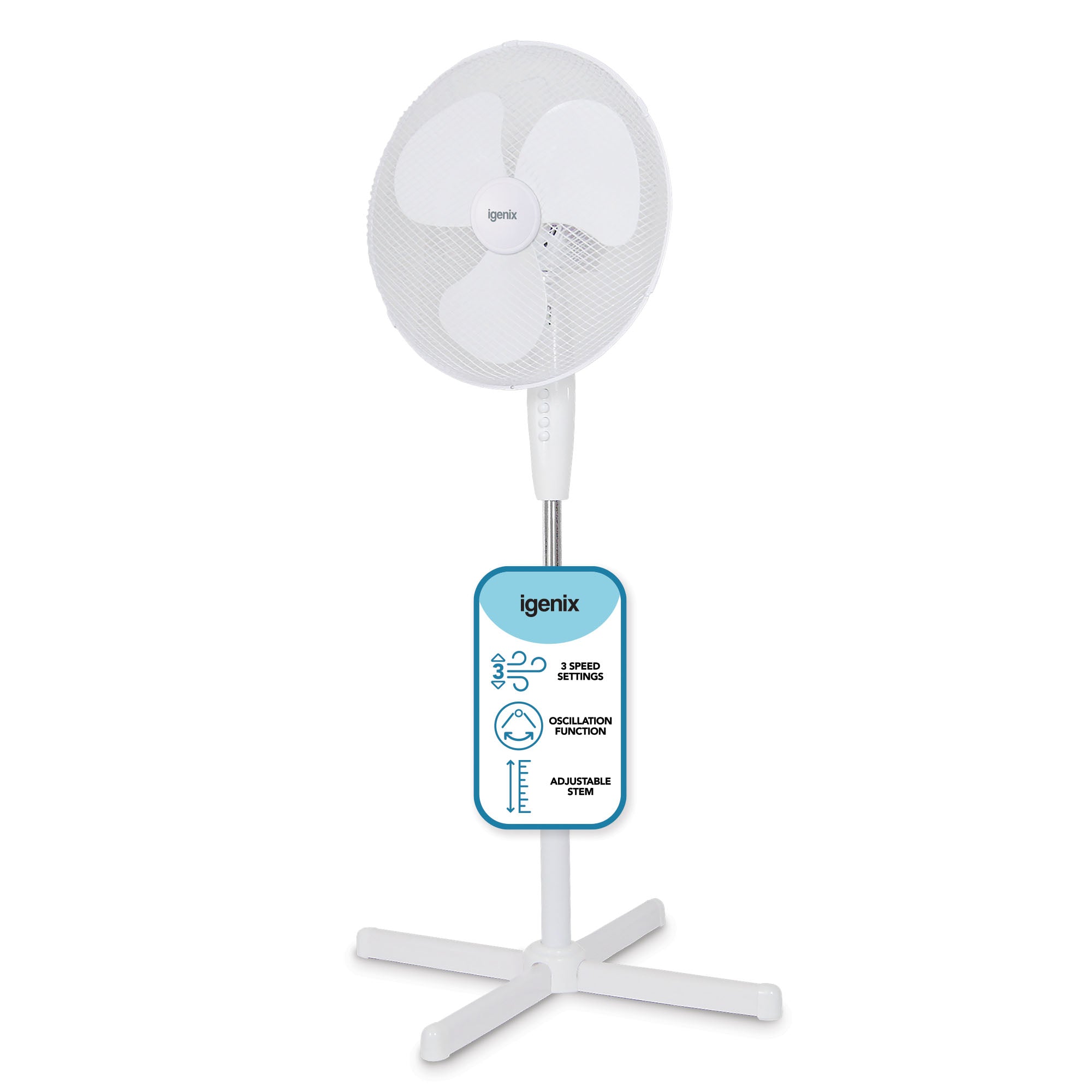 The Igenix 16 Inch Pedestal Fan in white features 3 blades, adjustable height, a four-legged base, 3 speed settings, oscillation, and an adjustable stem.