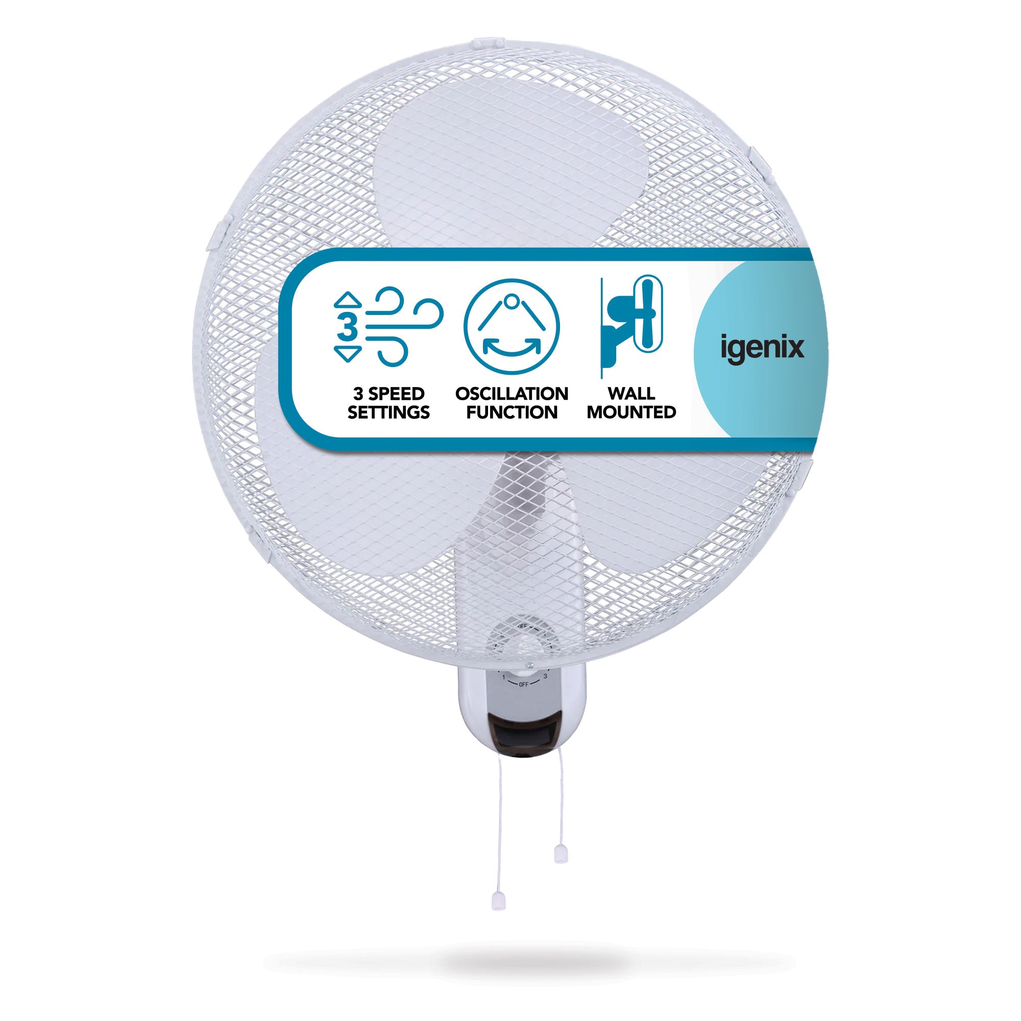 The Igenix 16 Inch Wall-Mounted Fan features 3 speeds, a white finish, oscillation function, protective mesh grill, two pull cords, and wall-mounting design.