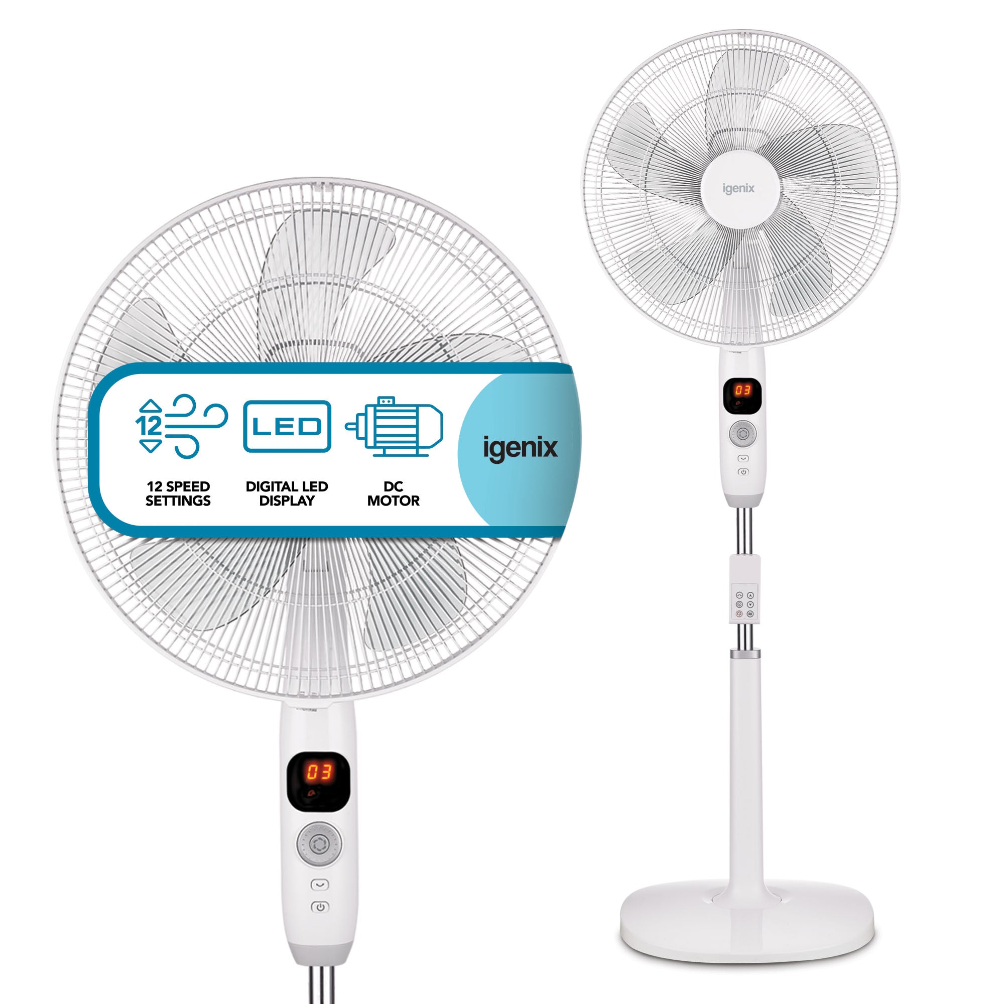 A white Igenix Digital Pedestal Fan (16 inch) is shown from the front and at an angle, featuring an ultra-quiet DC motor, digital LED display, timer, remote control, and 12 speed settings with stand-mounted controls.