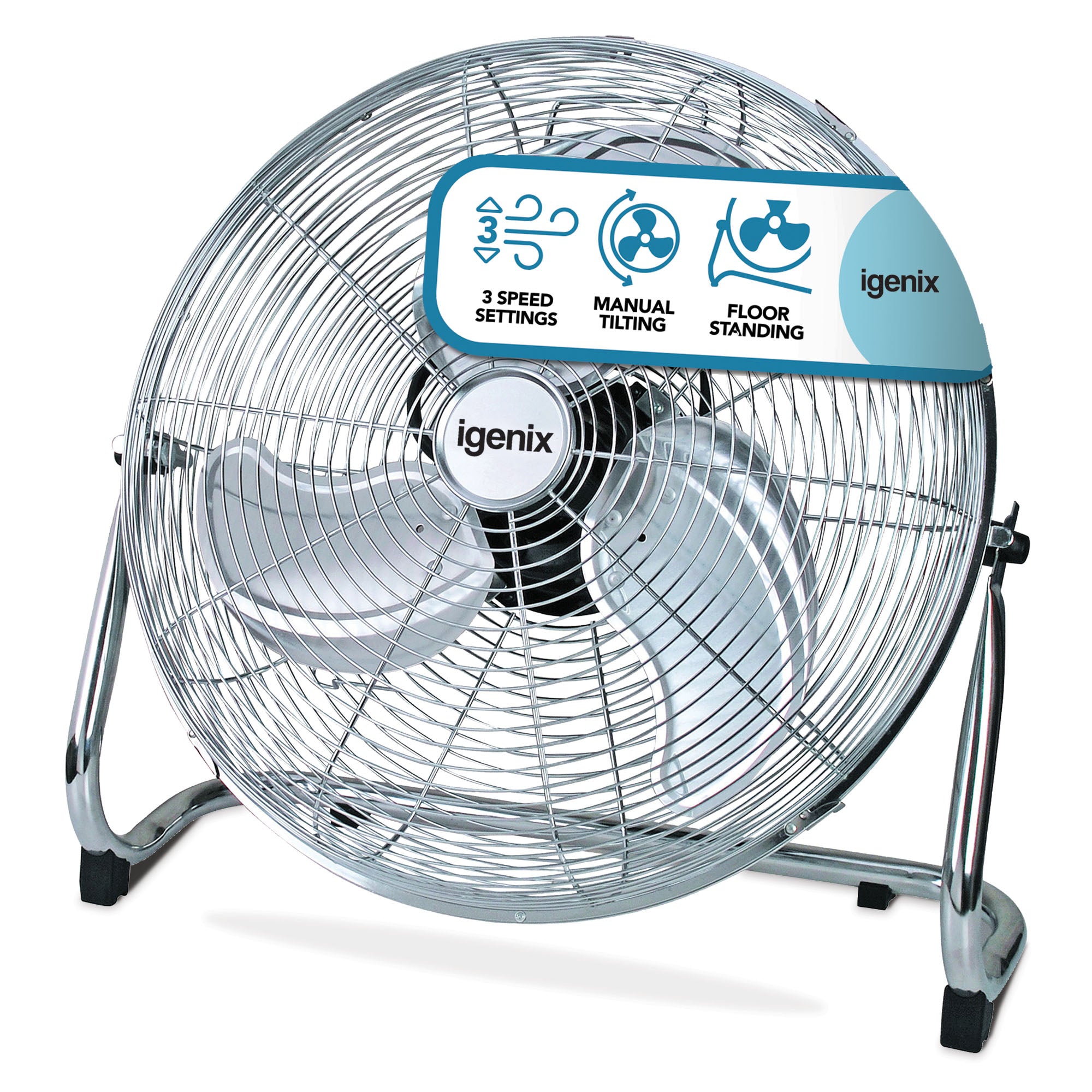 The Igenix Air Circulator Floor Fan features a chrome 18-inch design, three speeds, a wire cage, manual tilting, and three-blade air circulation.