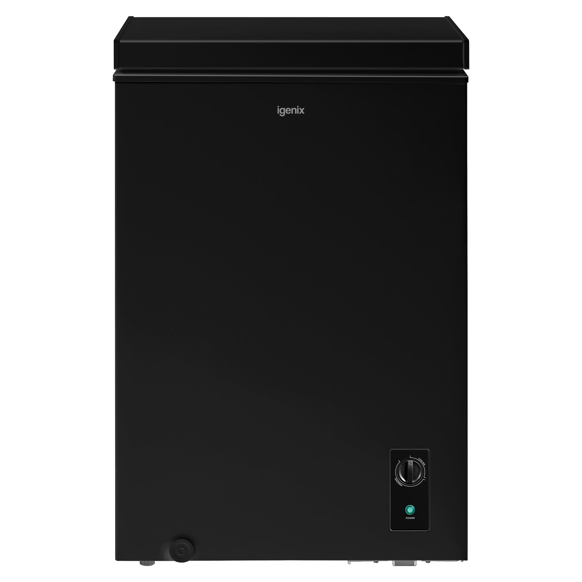 The Igenix Freestanding Chest Freezer, 99 Litre in black, features a flat lid, control dial, and front indicator light—perfect as a secondary freezer or for extra storage. Its sleek boxy design complements any space.