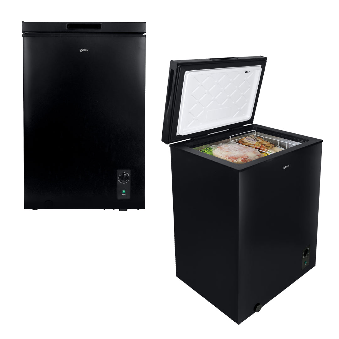 Two Igenix Freestanding Chest Freezers (99 Litre, Black) are shown: one closed and one open with frozen food inside. Ideal as a secondary freezer, both offer extra storage in a simple, modern design.