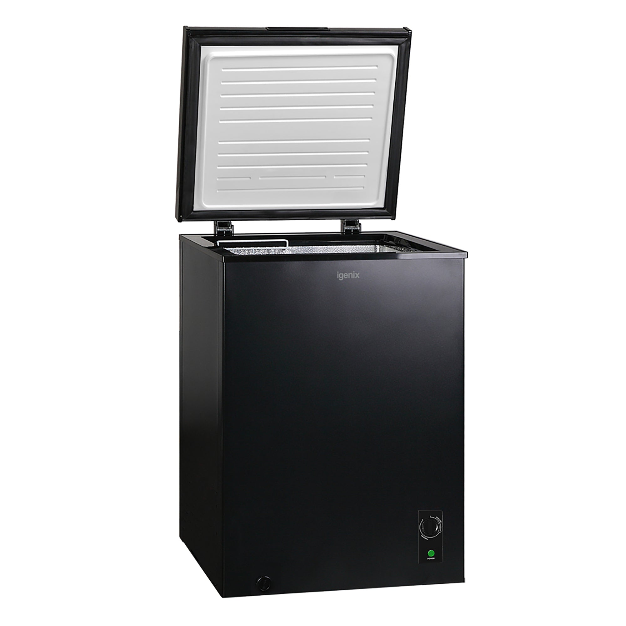 A black Igenix Freestanding Chest Freezer (99L) with a hinged lid open, revealing the interior. The front displays a control knob and indicator light, making it ideal as a secondary freezer for extra storage.