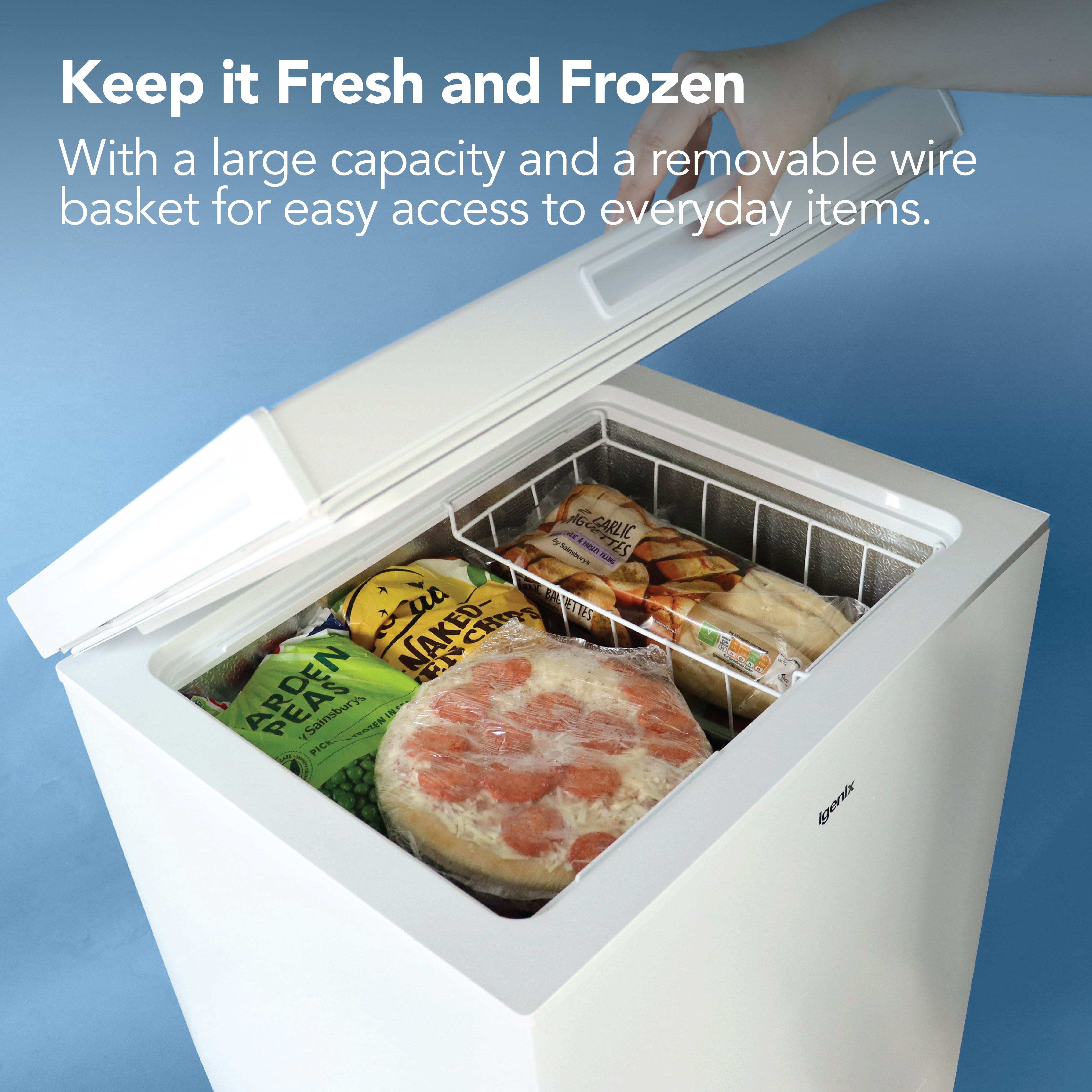 The Igenix Freestanding Chest Freezer (99 Litre, White) offers large capacity and easy access to extra freezer storage with a removable basket—ideal for frozen foods like vegetables and pizza.
