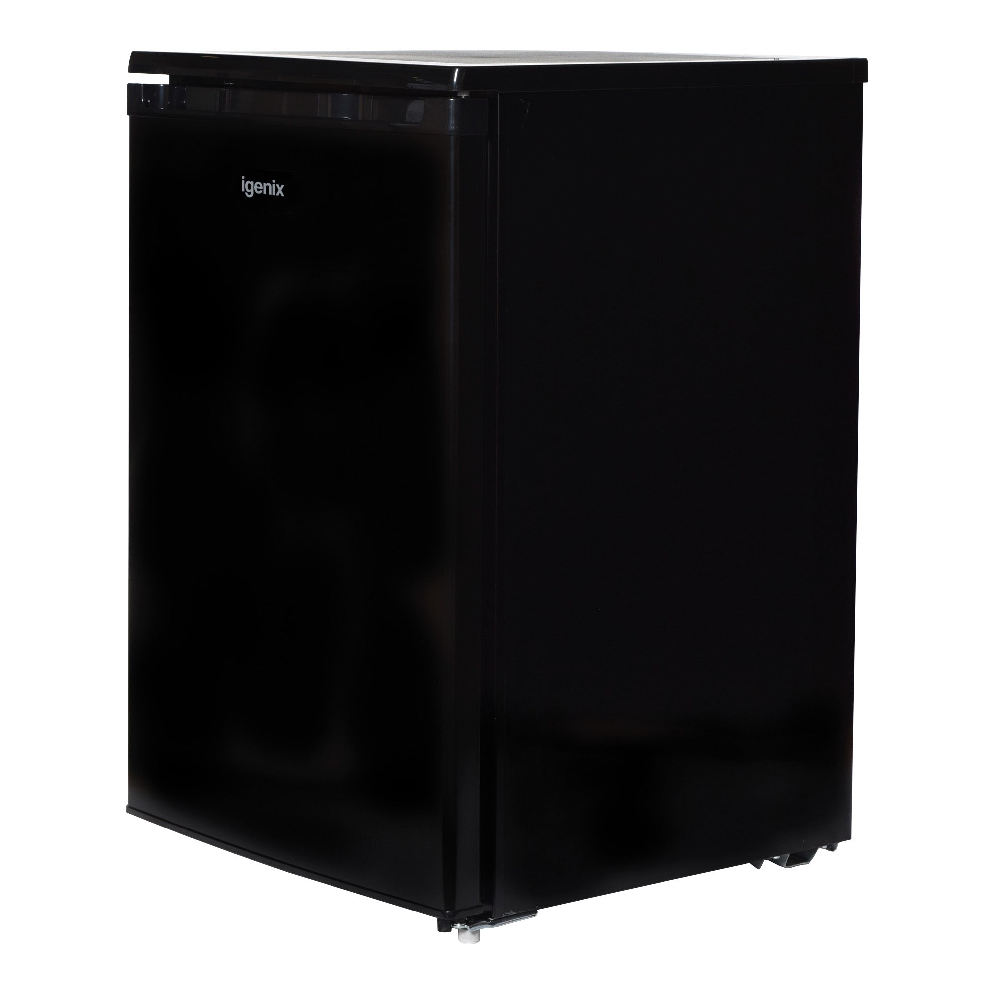 The Igenix Under Counter Fridge with Ice Box, Black, features a compact single door design and is shown from the front against a white background.