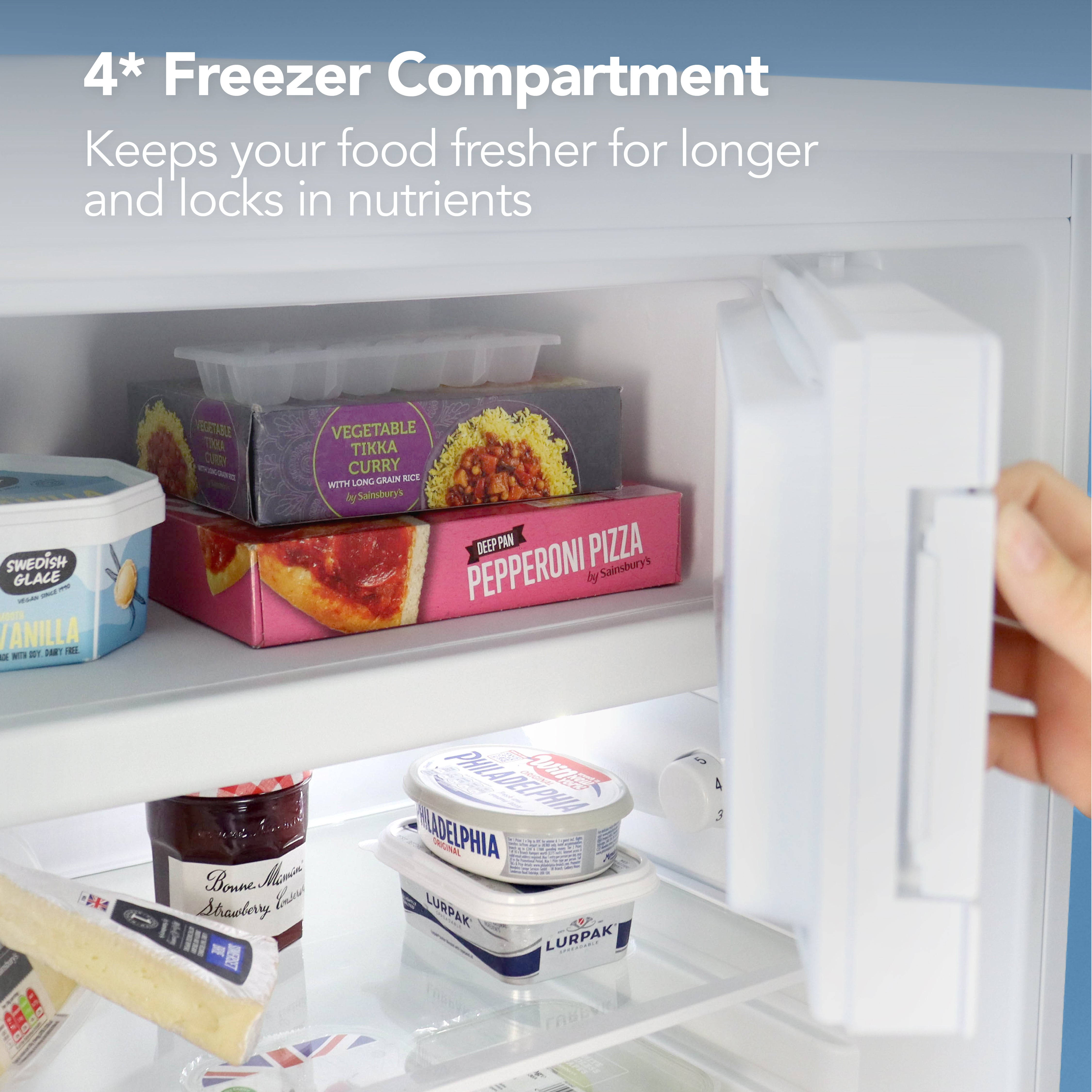 The Igenix Under Counter Fridge with Ice Box features a 4* freezer compartment and adjustable thermostat, ideal for keeping pizza, ice cream, butter, and more fresher for longer while locking in nutrients.