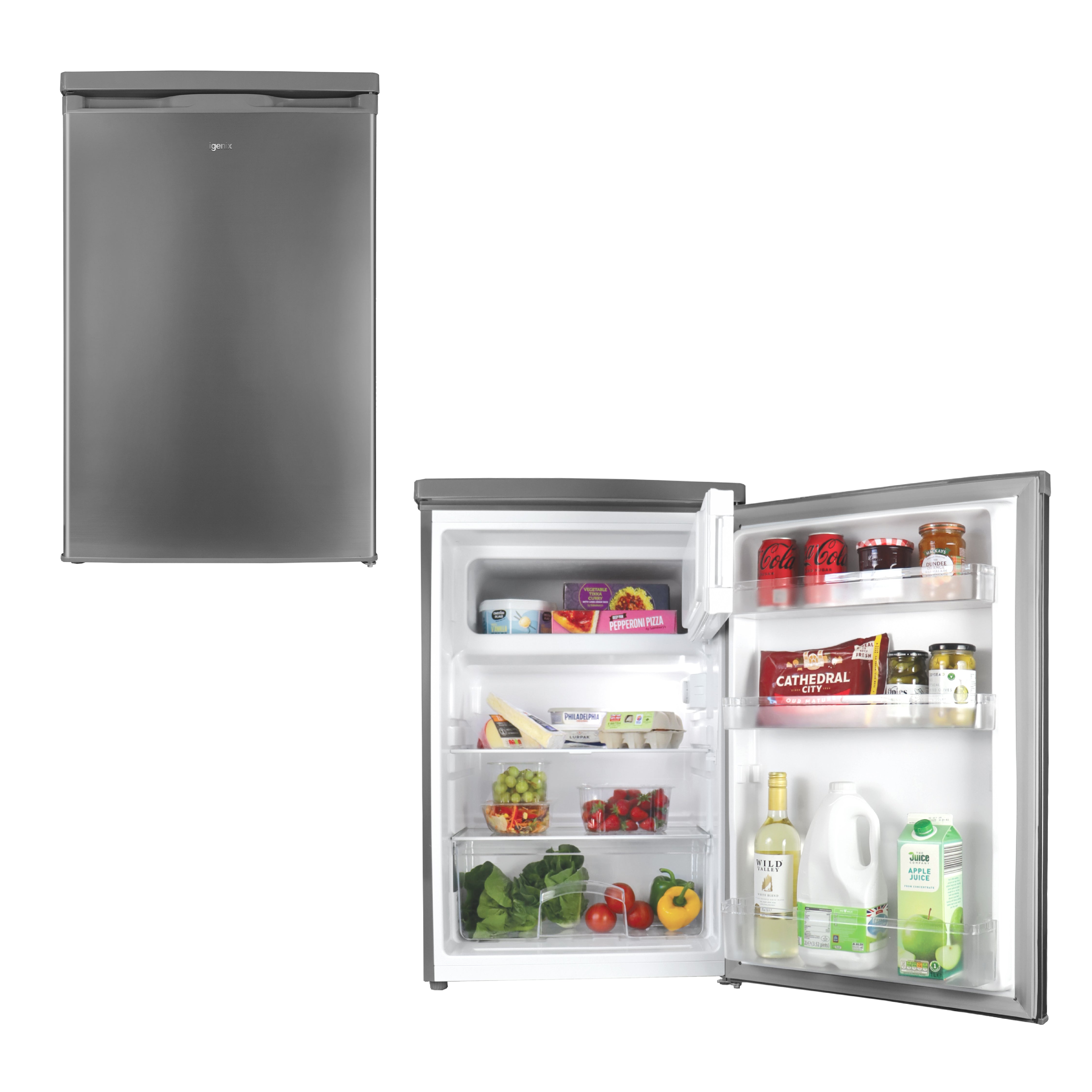 The Igenix Under Counter Fridge with Ice Box, Inox, is pictured closed (top left) and open (right), revealing shelves filled with drinks, vegetables, dairy products, and groceries.