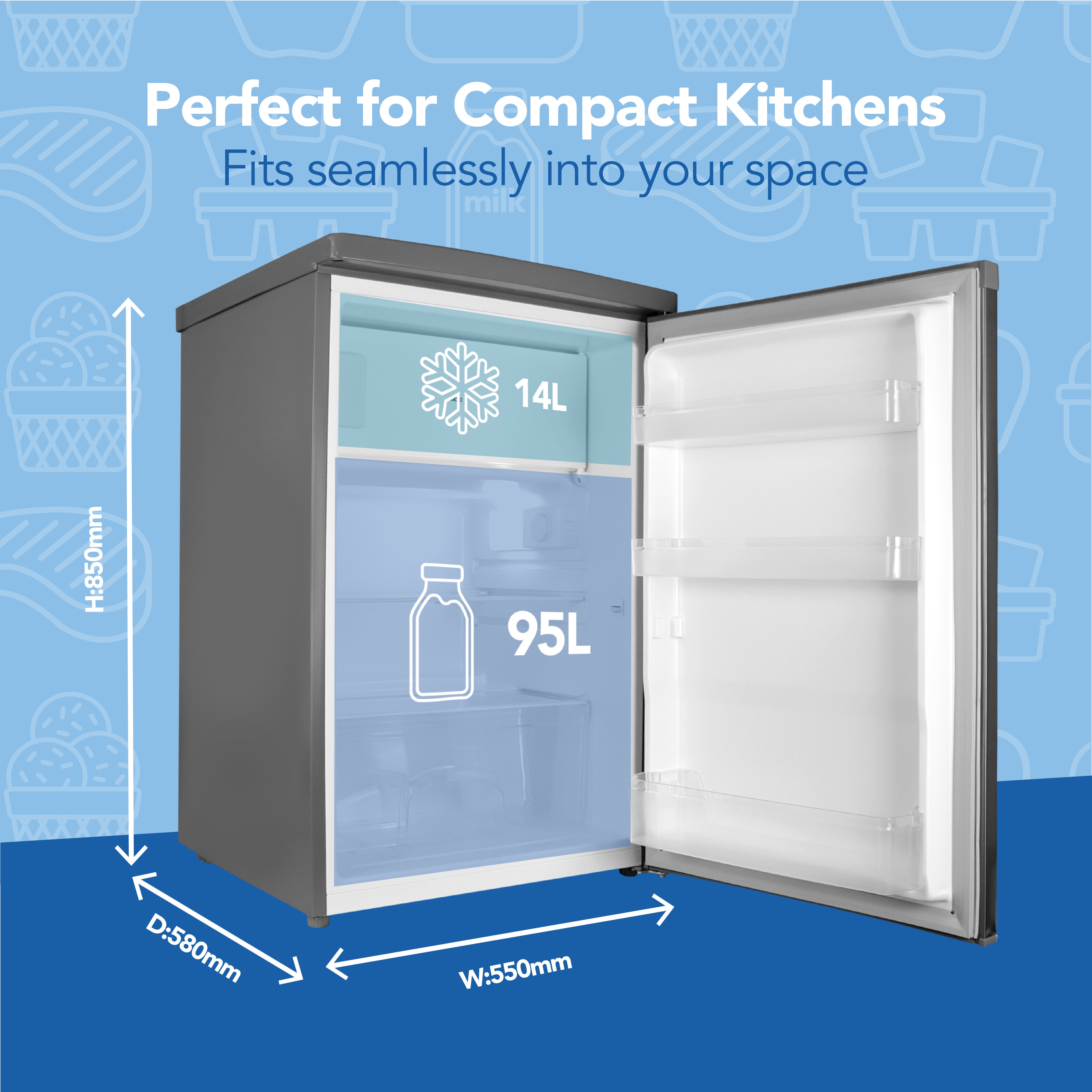 The Igenix Under Counter Fridge with Ice Box (Inox) features a 14L 4 ice box freezer and a 95L fridge compartment. At just 850mm high, it fits perfectly under counters, making it ideal for small kitchens.
