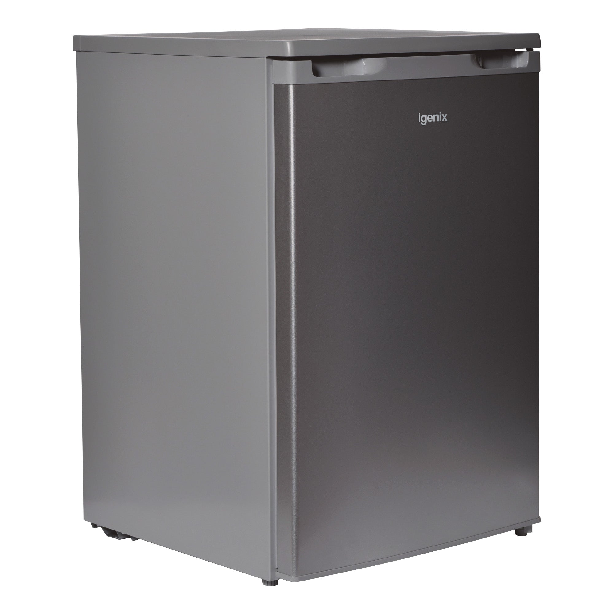 The Igenix Under Counter Fridge with Ice Box, Inox, is a compact, single-door fridge shown from a front-side angle against a plain white background.