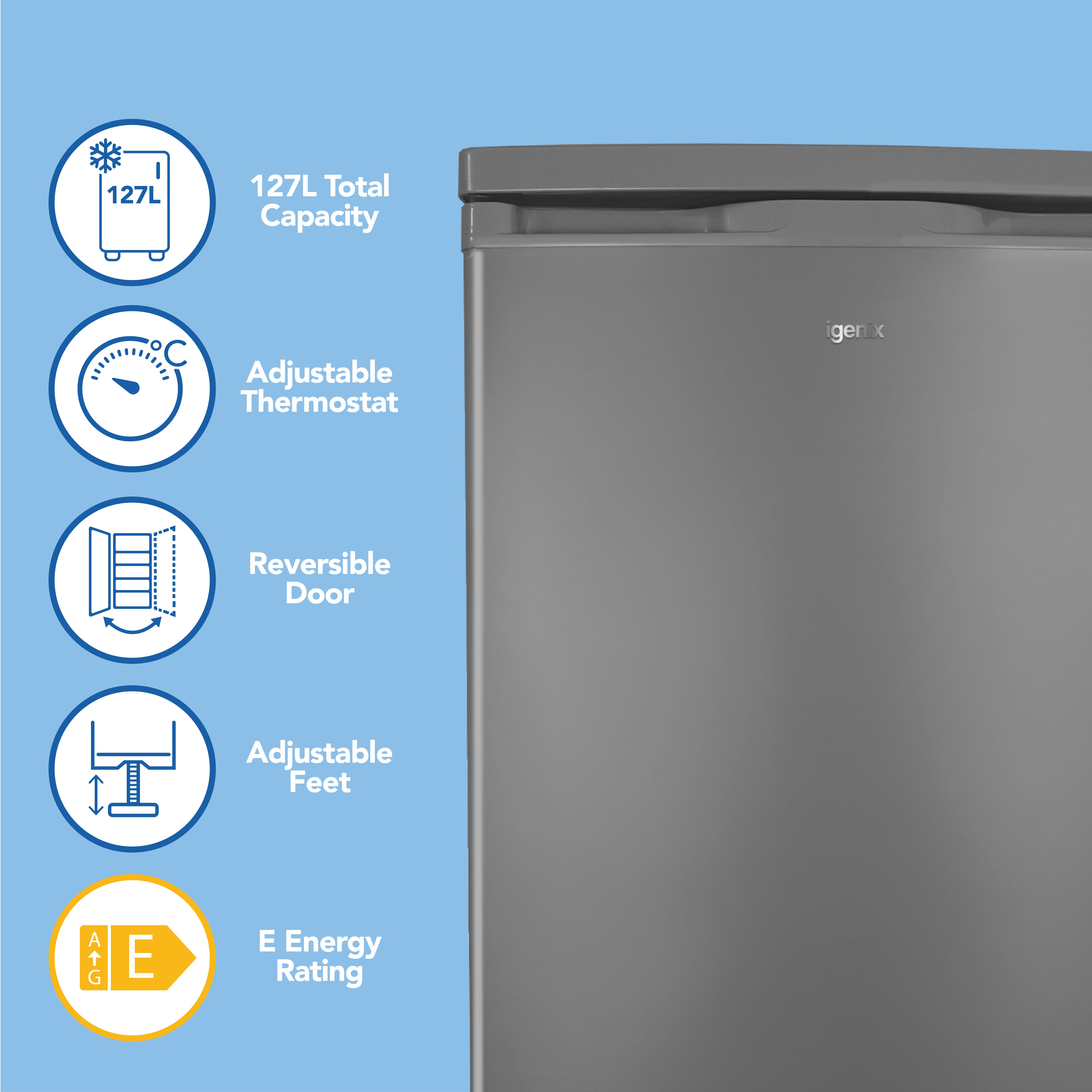 The Igenix Under Counter Larder Fridge, 127L in silver, features an adjustable thermostat, reversible door, adjustable feet, and E energy rating—all highlighted with text and icons on a blue background.