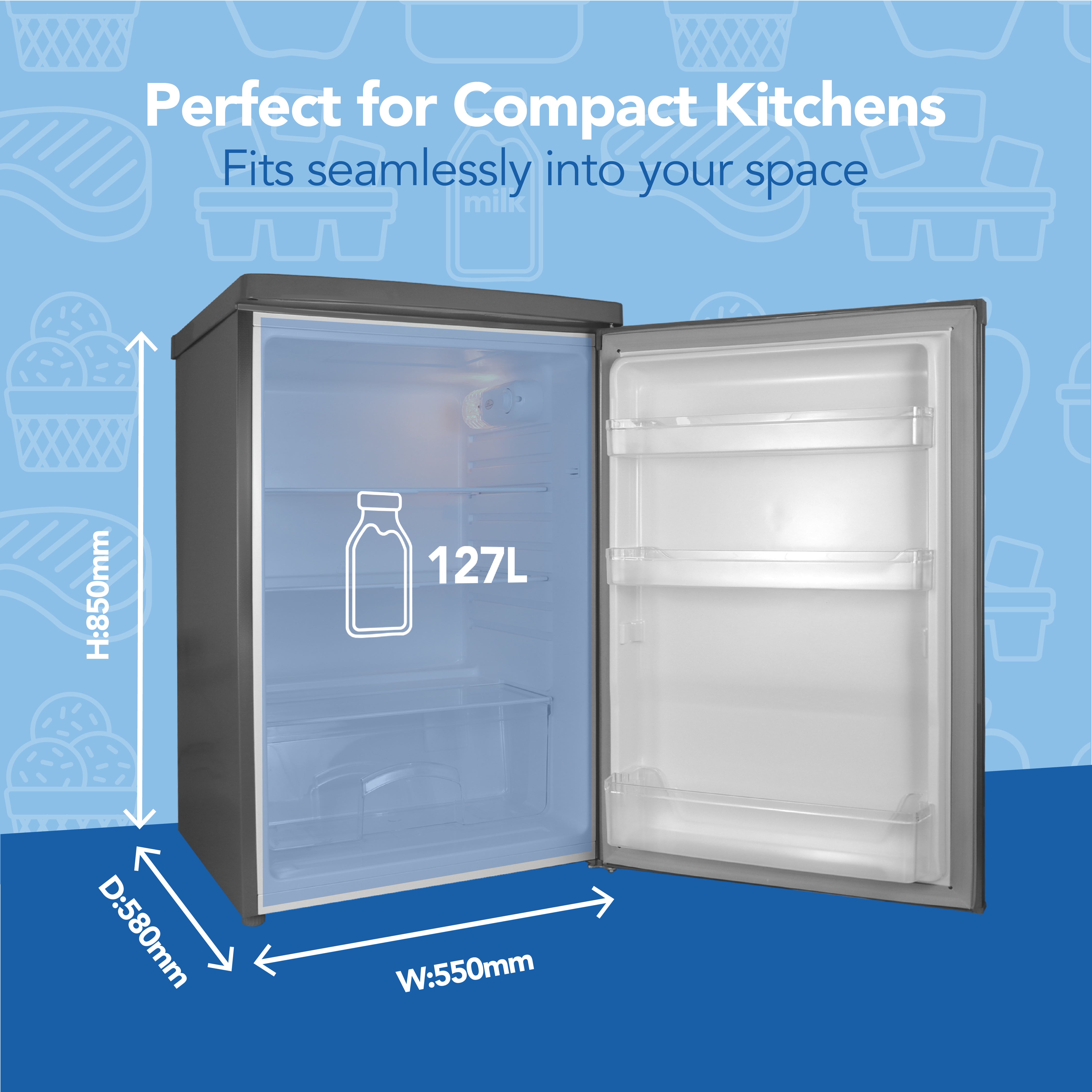 The Igenix Under Counter Larder Fridge, 127L in silver, has shelves and measures H850mm x W550mm x D590mm. Ideal for compact kitchens, it fits seamlessly into your space.