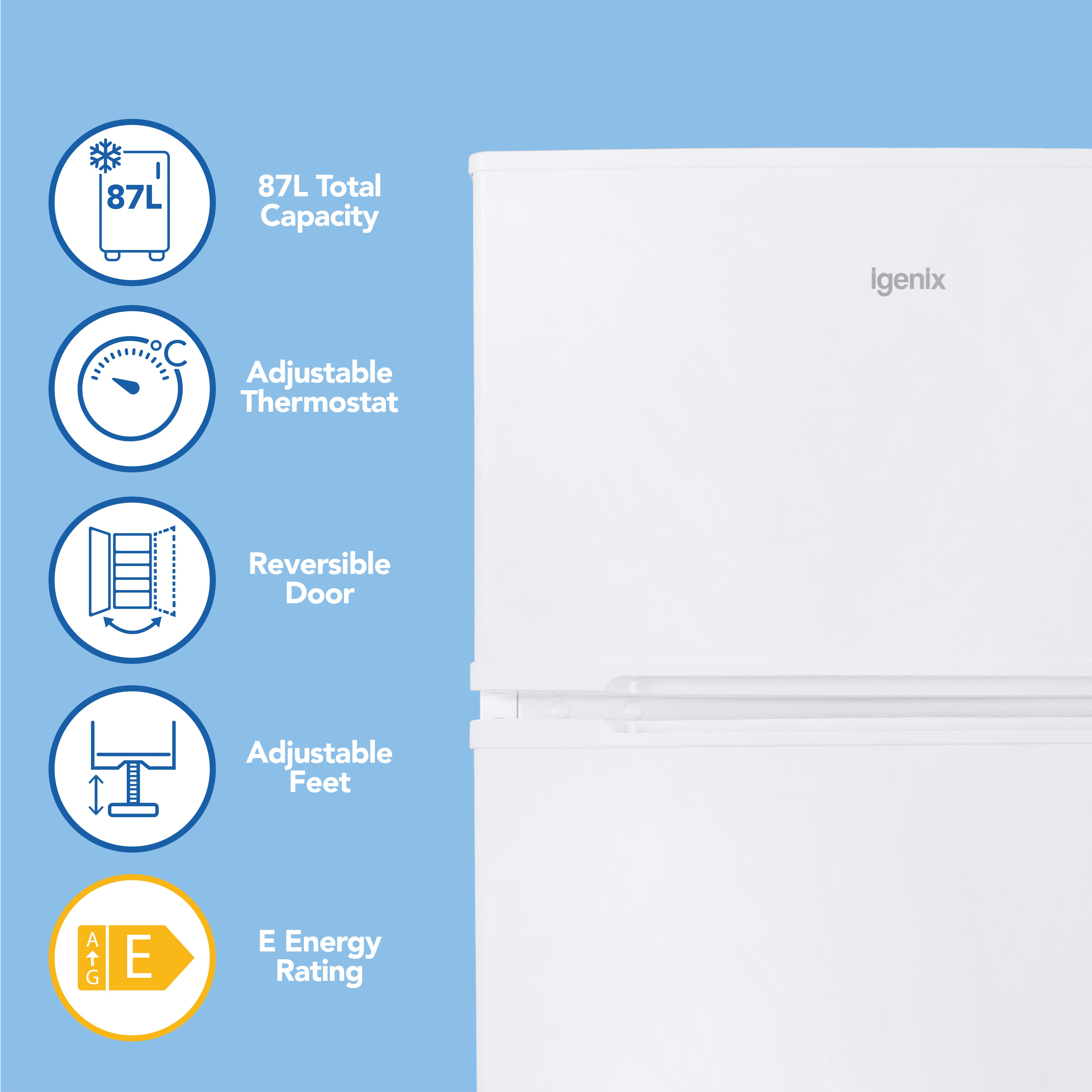 Half image of a white Igenix Under Counter Fridge Freezer (87L) on blue background, with icons for adjustable thermostat, reversible door, adjustable feet, and energy-efficient E rating.