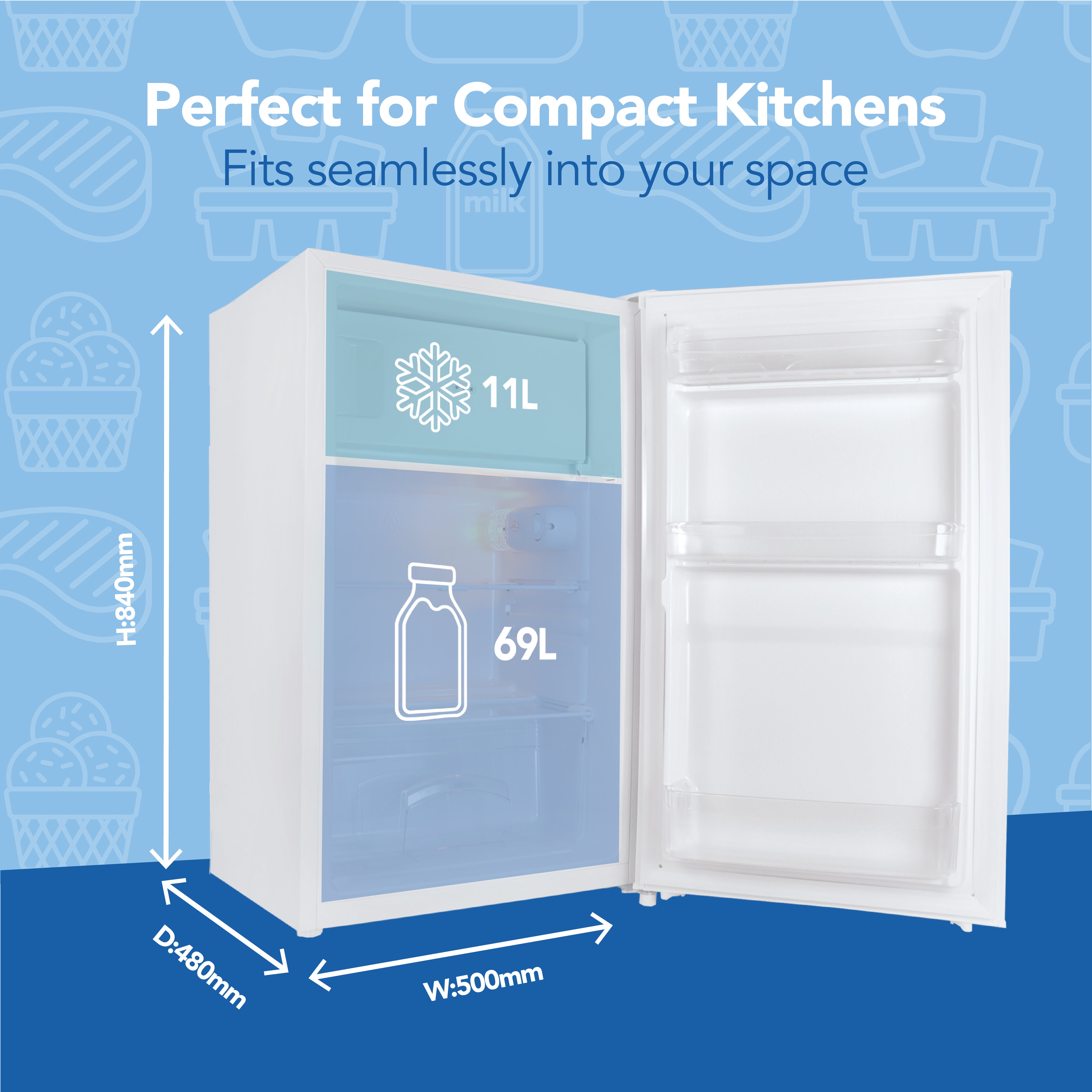 The Igenix Under Counter Fridge with Ice Box offers 81L capacity (11L freezer, 69L fridge), fits under counters, and measures H:840mm, W:500mm, D:480mm—ideal for compact kitchens. Finished in white to blend seamlessly into your space.