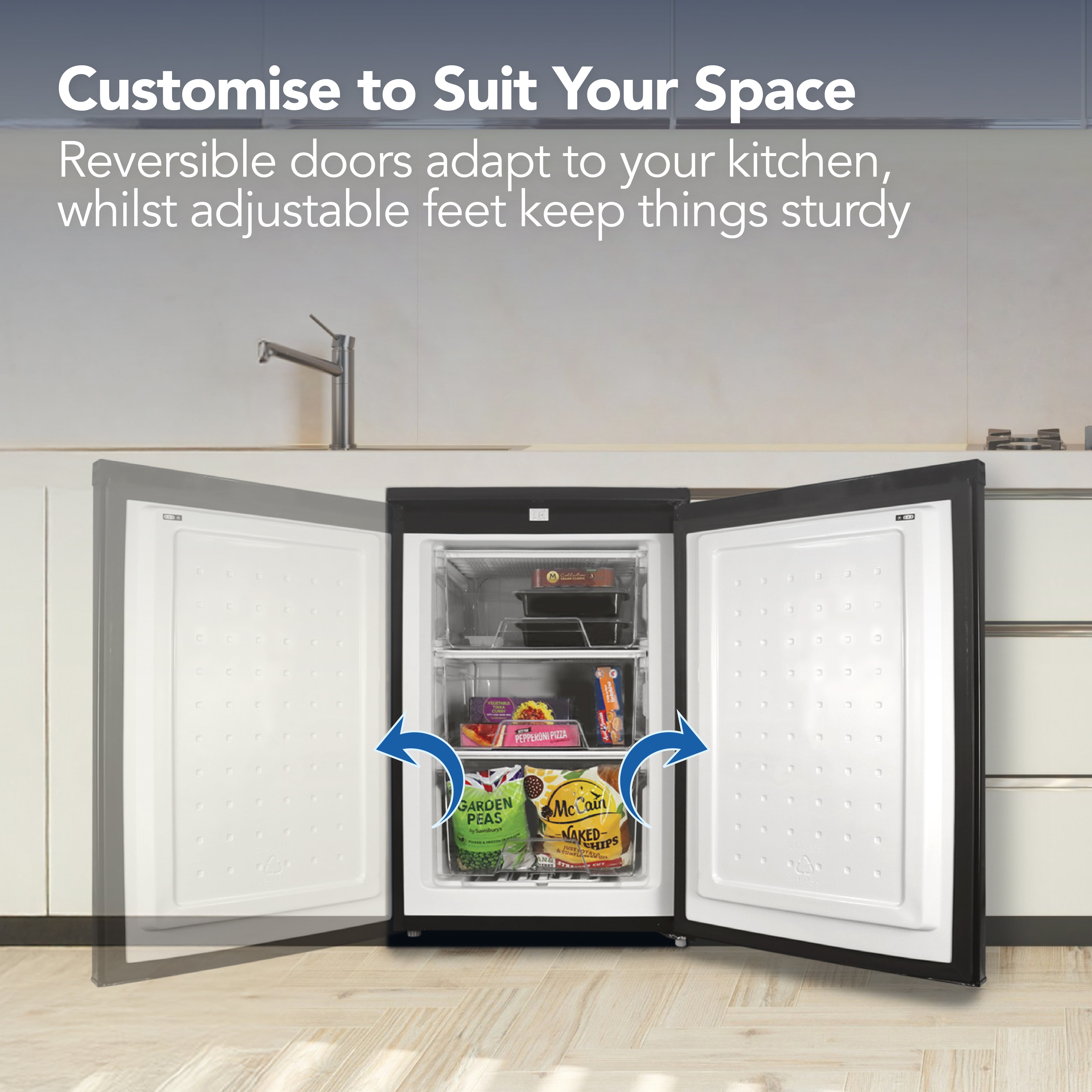 An open Igenix Under Counter Freezer (88 Litre, Black) is shown in a kitchen with frozen foods. Blue arrows highlight its reversible doors, and text above describes features like adjustable feet and customizable doors.