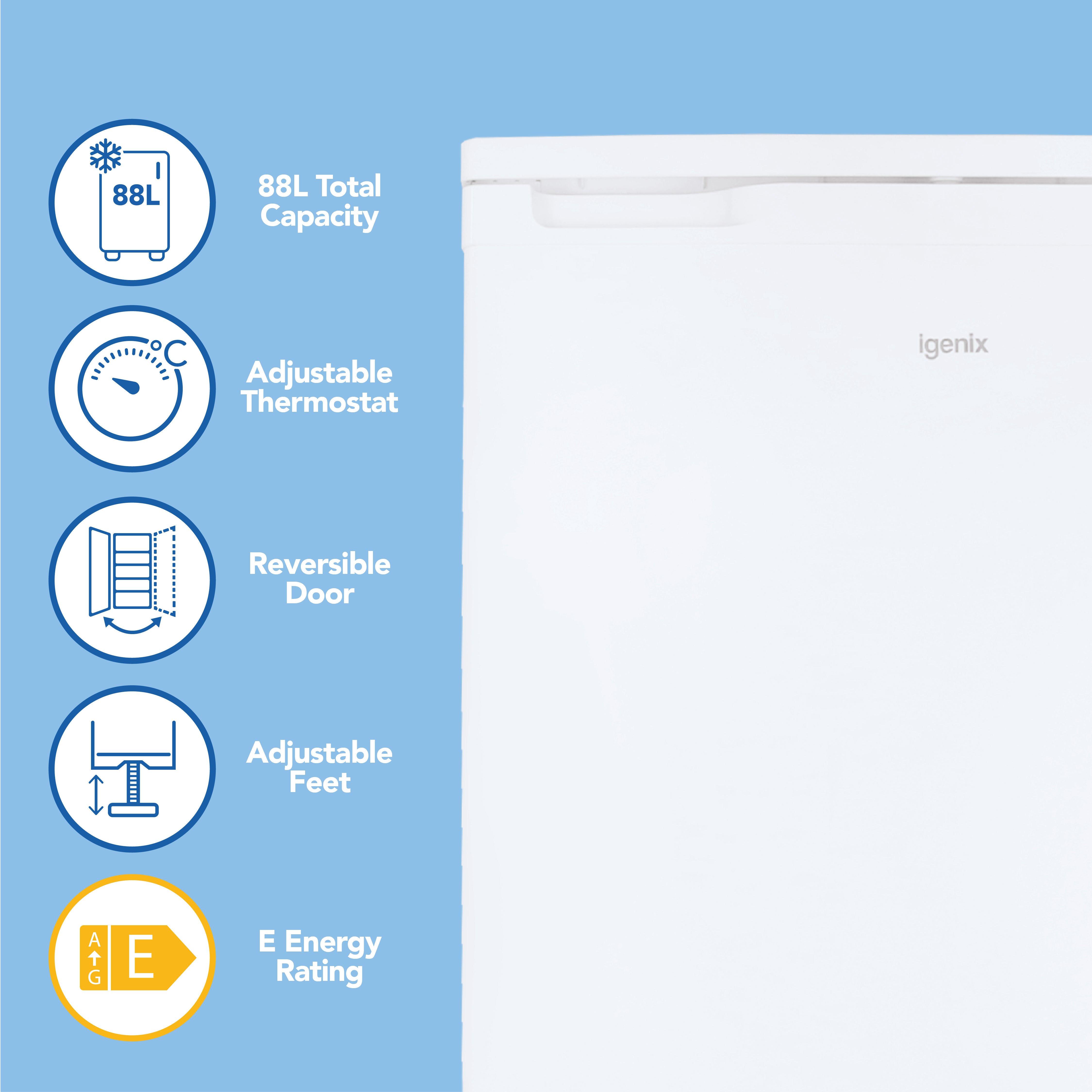 The Igenix Under Counter Freezer in white (88L) sits on a blue background, with icons showing its adjustable thermostat, reversible doors, adjustable feet, E energy rating, and compact freezer—ideal for under counter spaces.