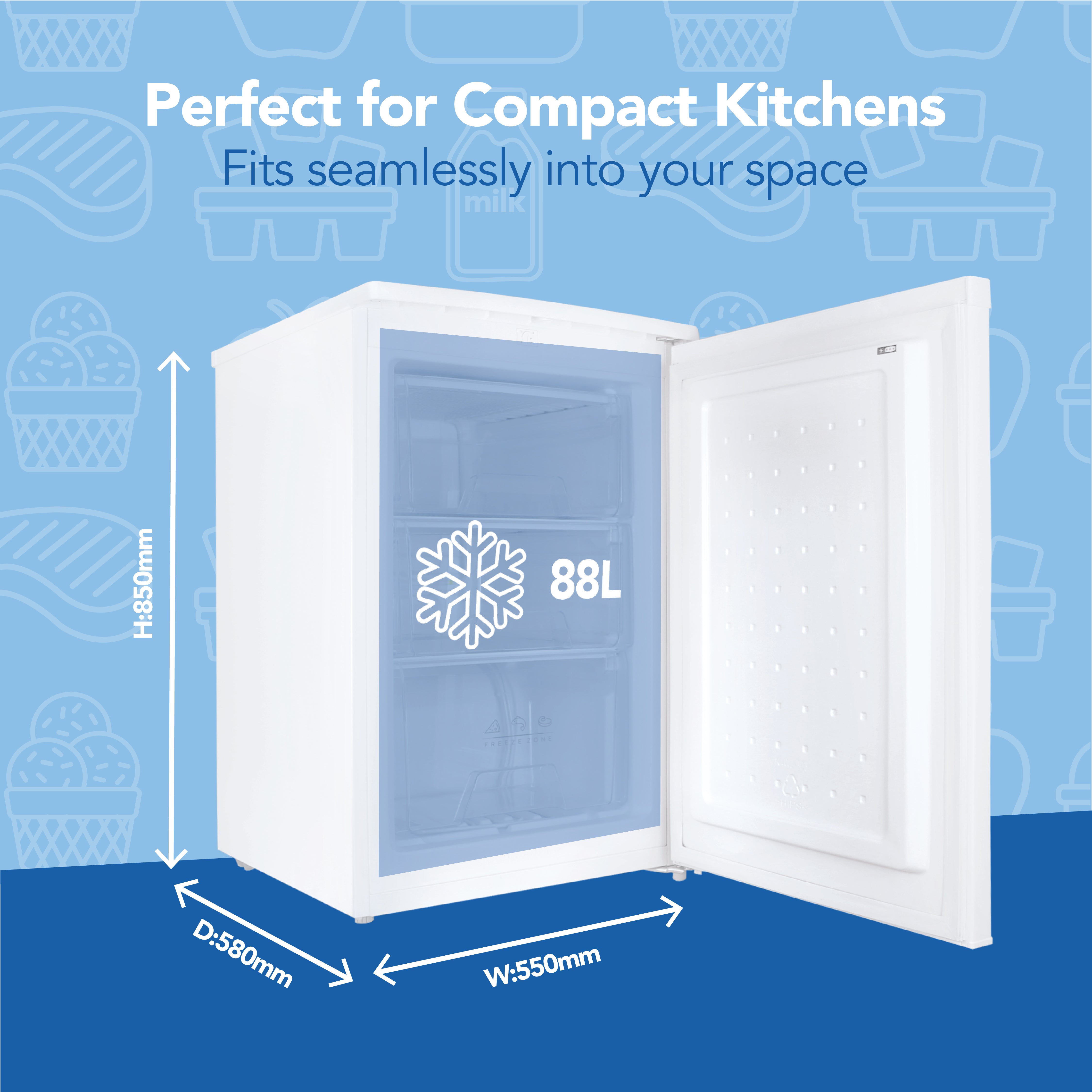 The Igenix Under Counter Freezer in white offers an 88L capacity with spacious drawers and reversible doors. Compact at 850mm (H) x 550mm (W) x 580mm (D), it’s ideal for small kitchens and fits seamlessly into your space.