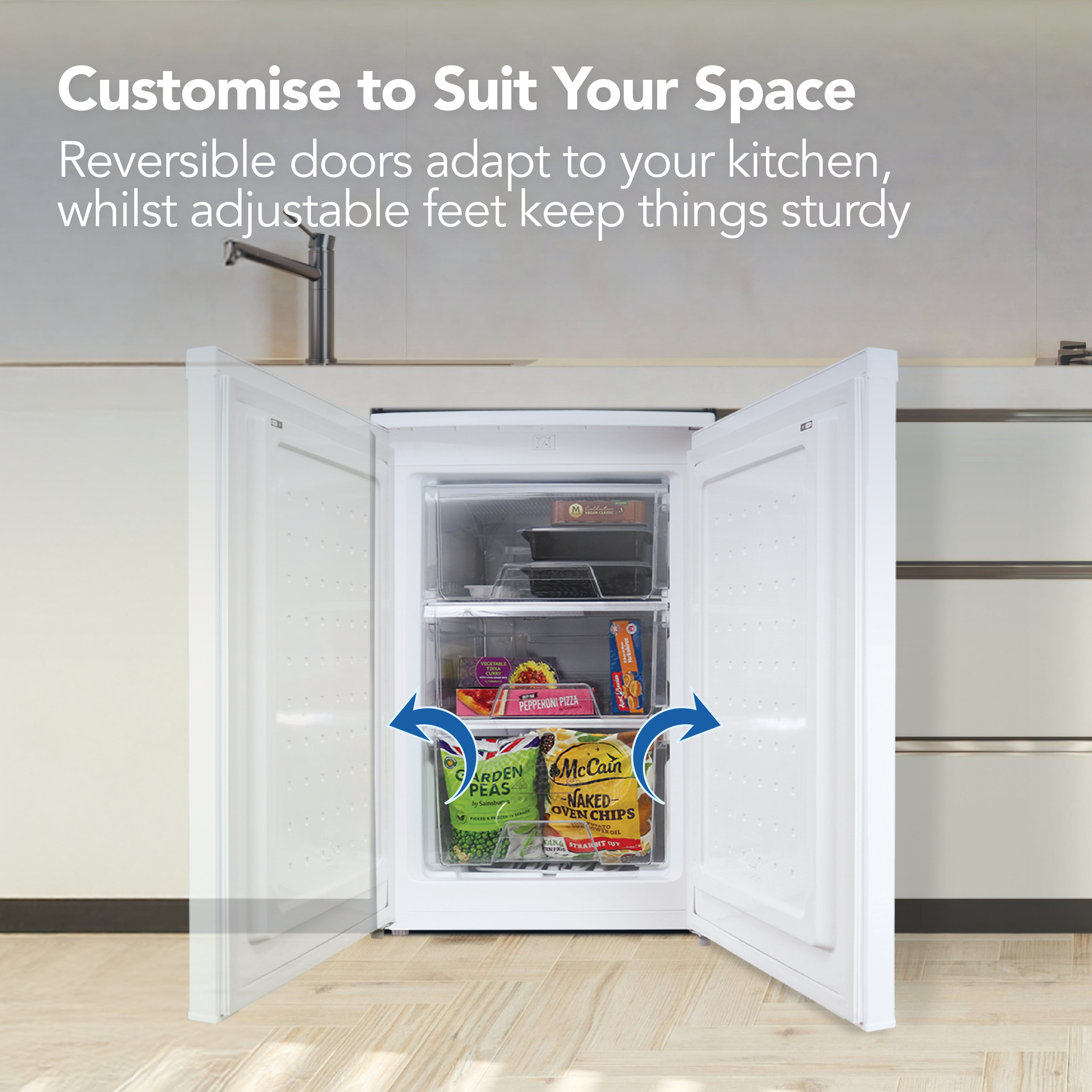 An Igenix Under Counter Freezer, 88 Litre, in white sits with both doors open to reveal stocked shelves. Arrows highlight the adjustable feet and reversible doors, showcasing customizable features for any kitchen space.