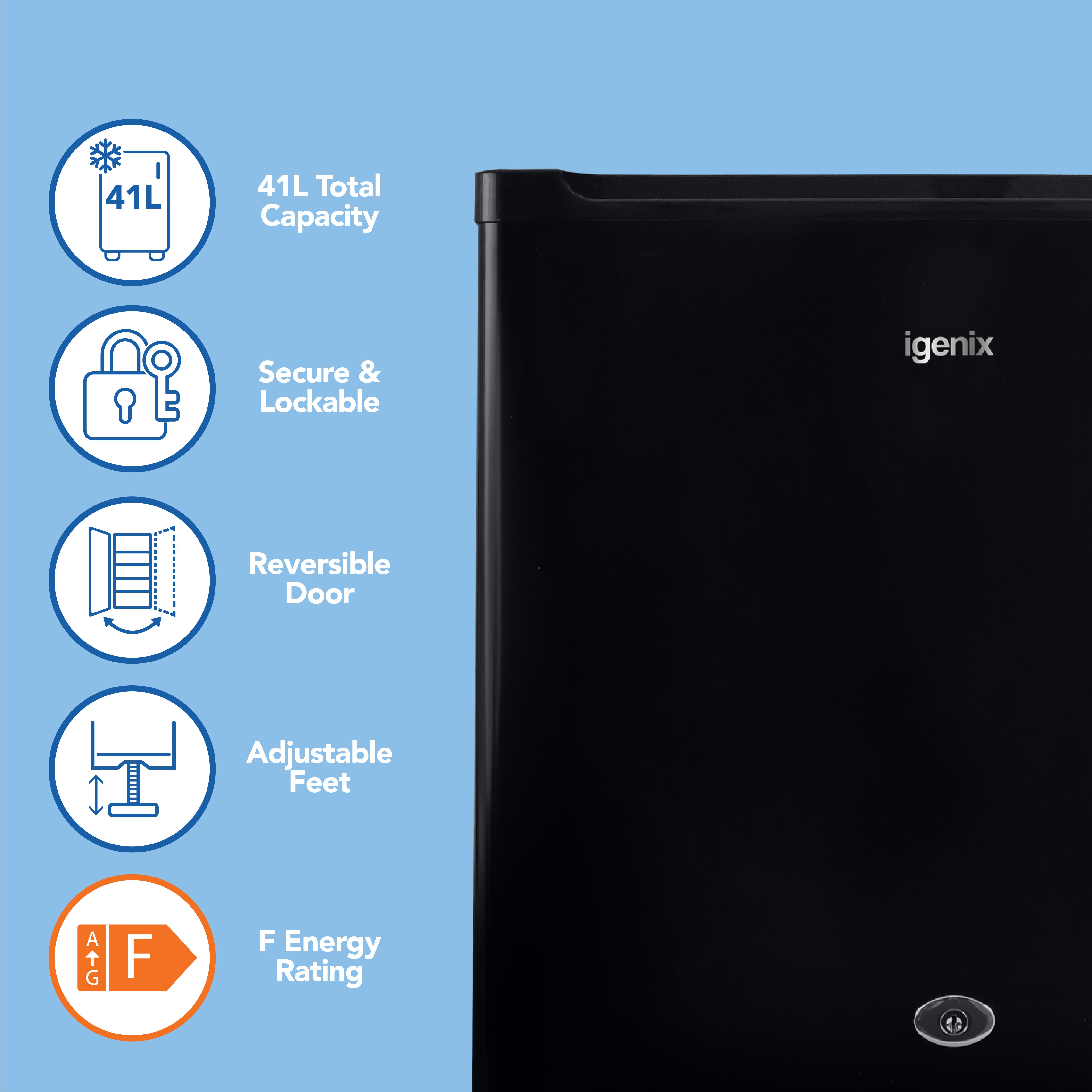The Igenix Table Top Fridge with Lockable Door, 41 Litre, in sleek black has a reversible door, adjustable feet, and F energy rating—perfect as a compact kitchen fridge. Shown on a blue background.