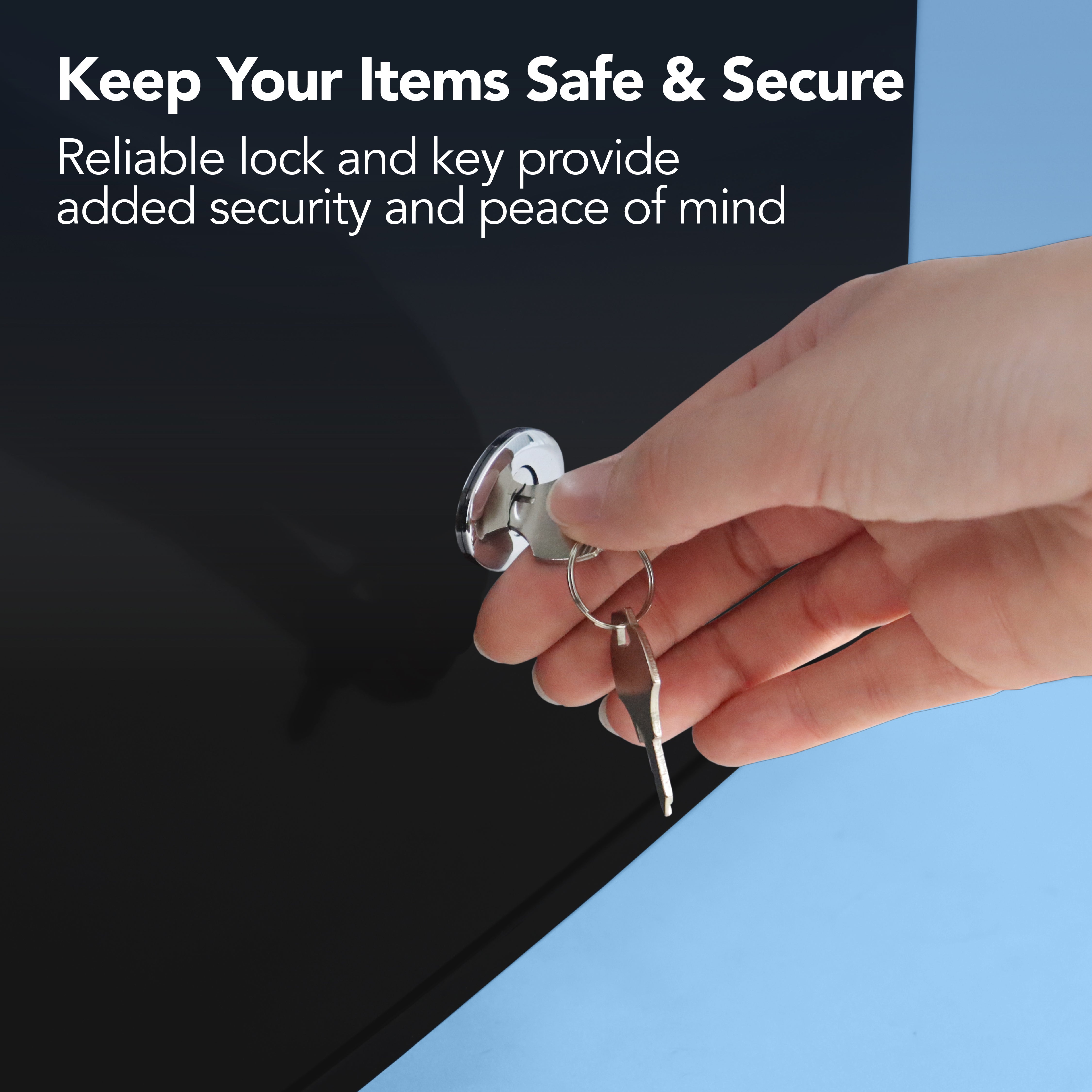 A hand holds a key about to unlock a black Igenix Table Top Fridge with Lockable Door, 41 Litre. Text: Keep Your Items Safe & Secure—reliable lock and key offer added security and peace of mind for your compact fridge.