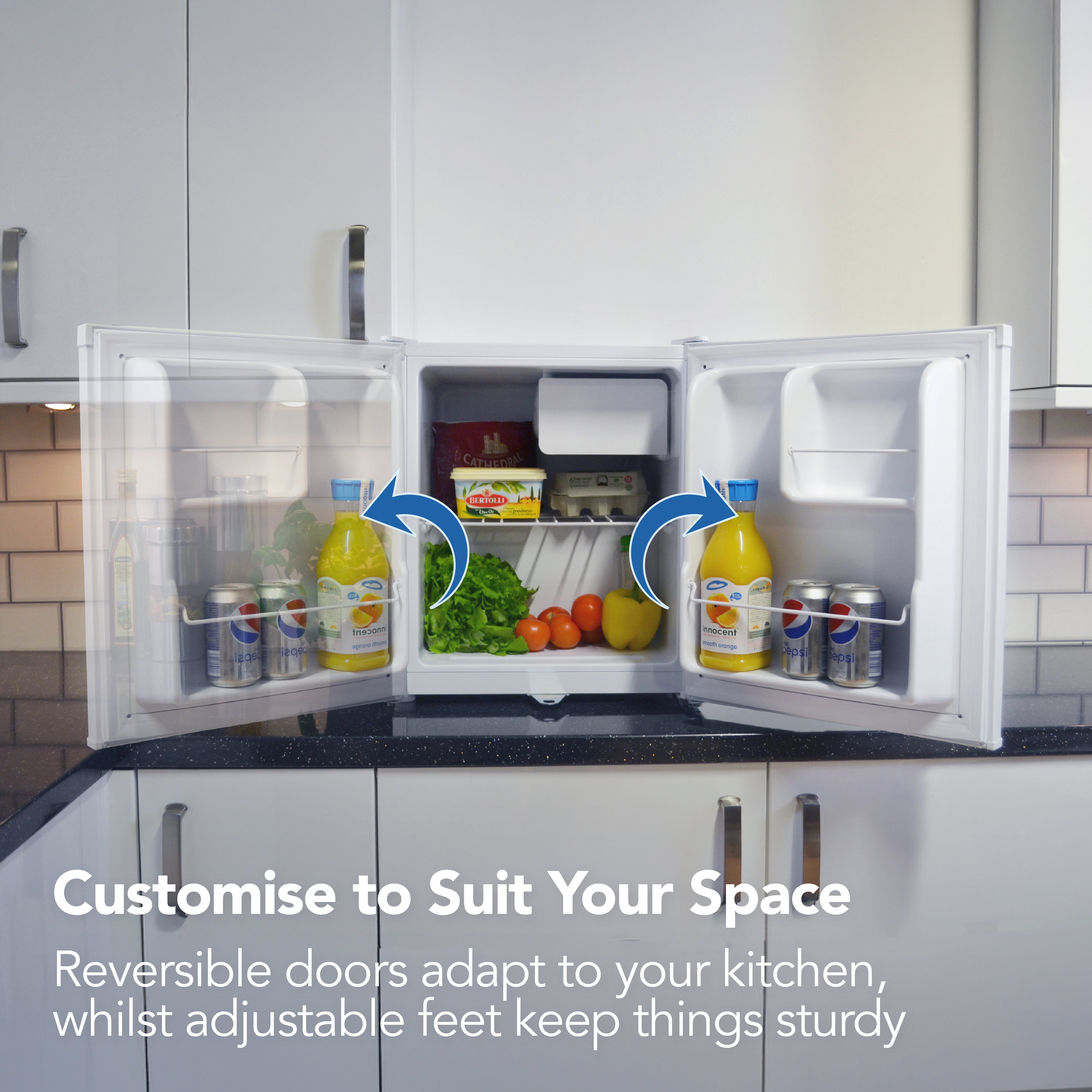 The Igenix Table Top Fridge with Lockable Door (41L, White) keeps your drinks and snacks secure. Reversible doors fit any kitchen layout, while adjustable feet ensure stability. Customise to suit your space.
