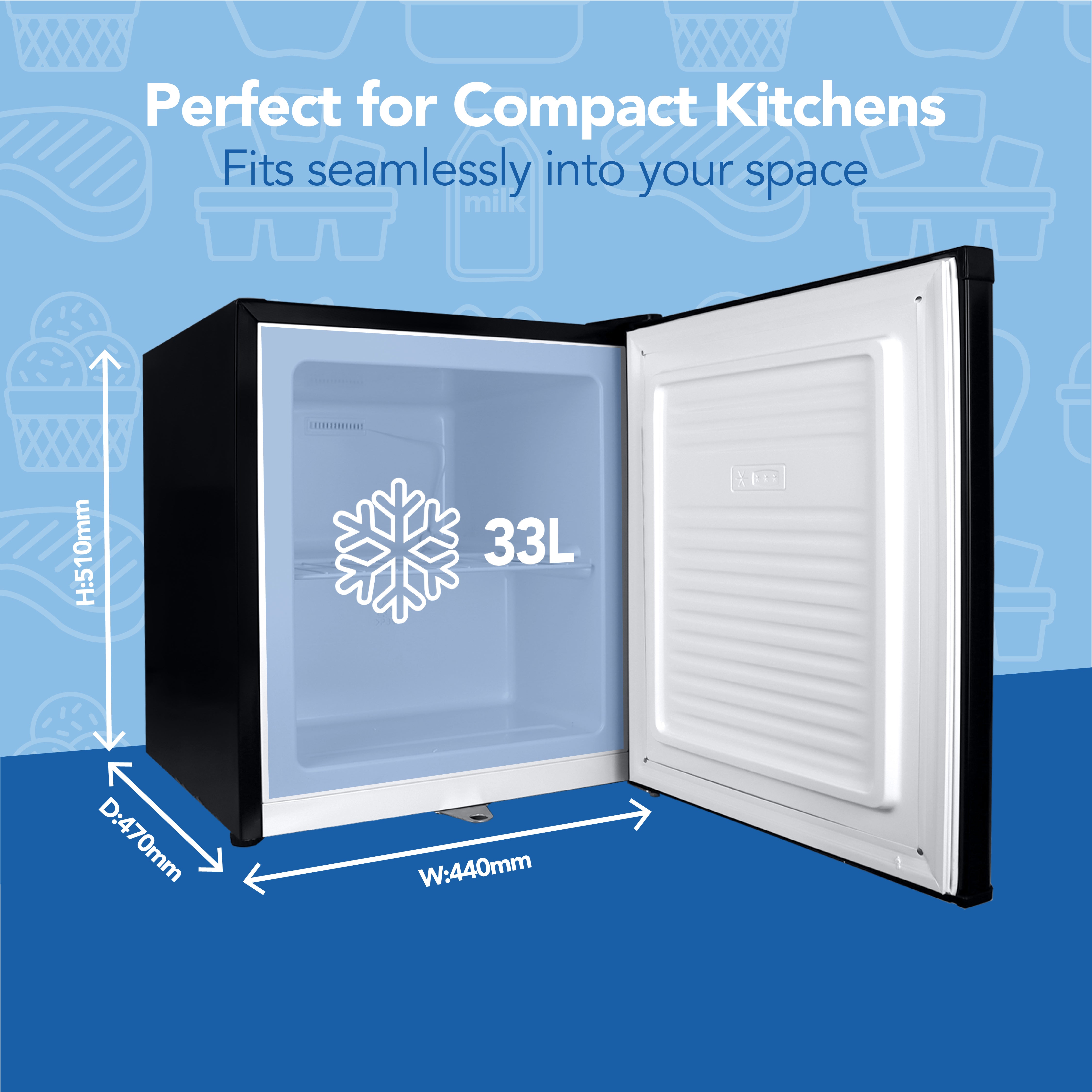 The Igenix Table Top Freezer with Lockable Door boasts a 33L capacity and compact size (H510mm x W440mm x D470mm) in sleek black, making it ideal for small kitchens. Modern blue background highlights its stylish design.