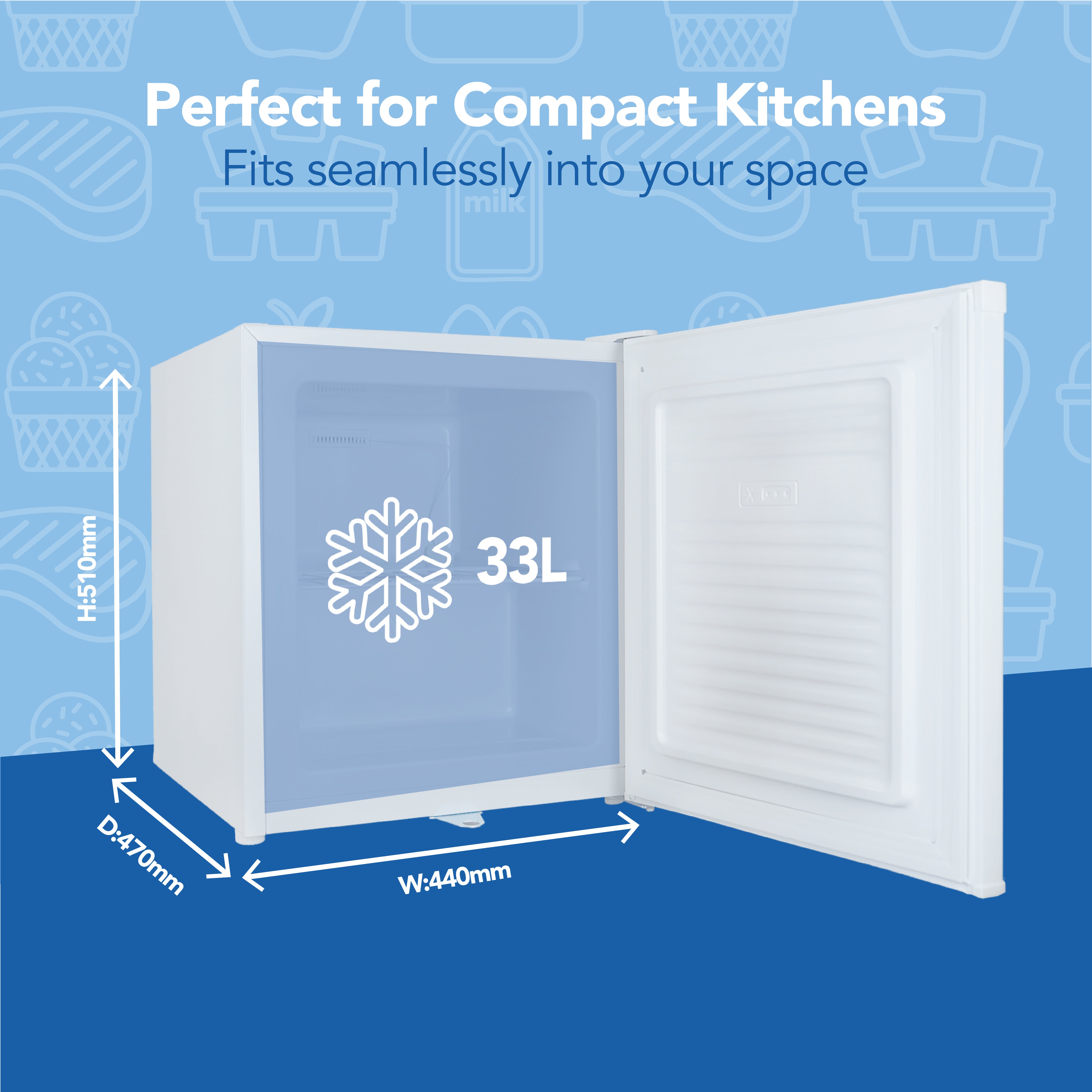 The Igenix Table Top Freezer with Lockable Door (33L, White) features a compact design (H: 510mm, W: 440mm, D: 470mm), ideal for small kitchens and tight spaces.