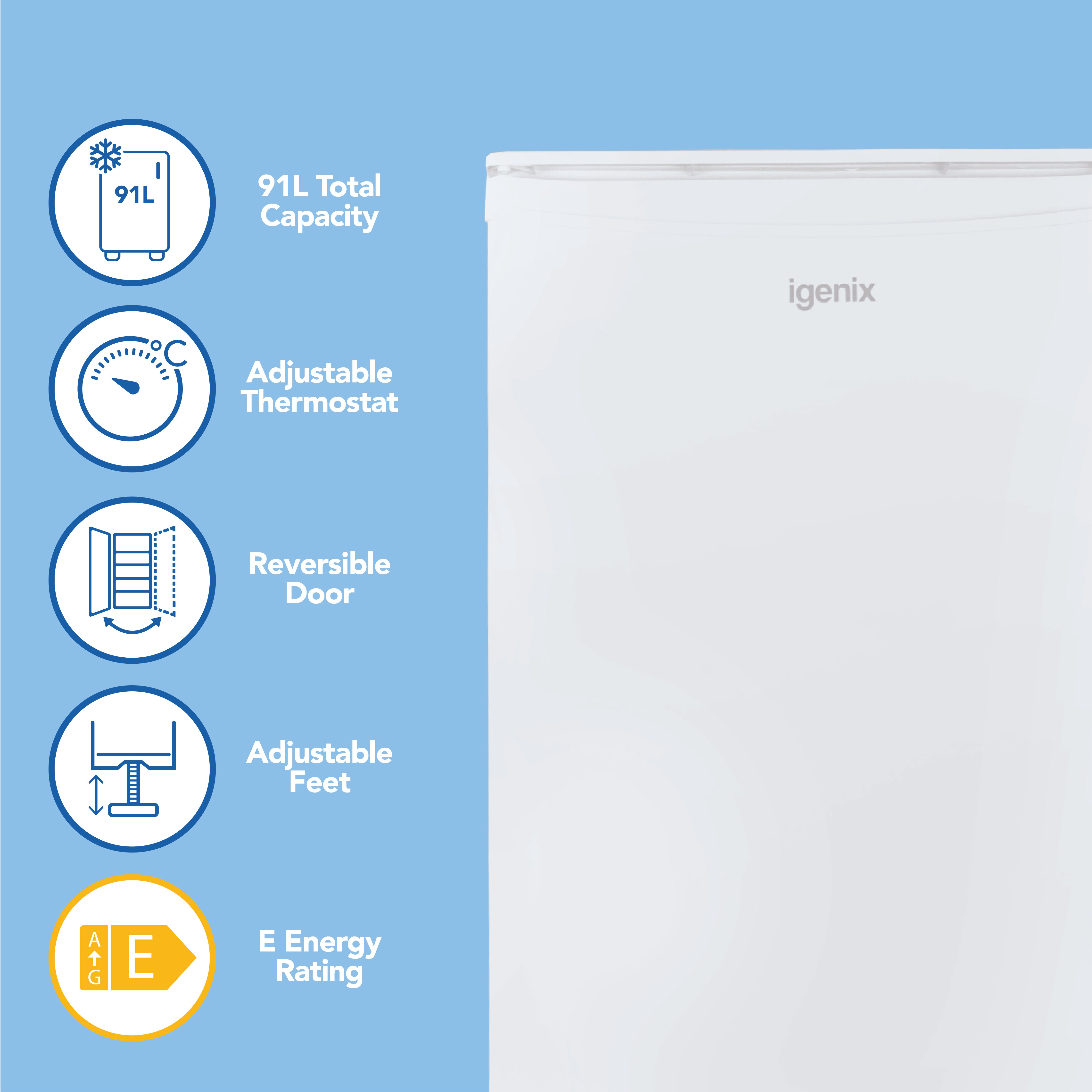 The white Igenix Under Counter Fridge with Chill Box (91L) is shown on a blue background, highlighting its adjustable thermostat, reversible door, adjustable feet, and E energy rating.