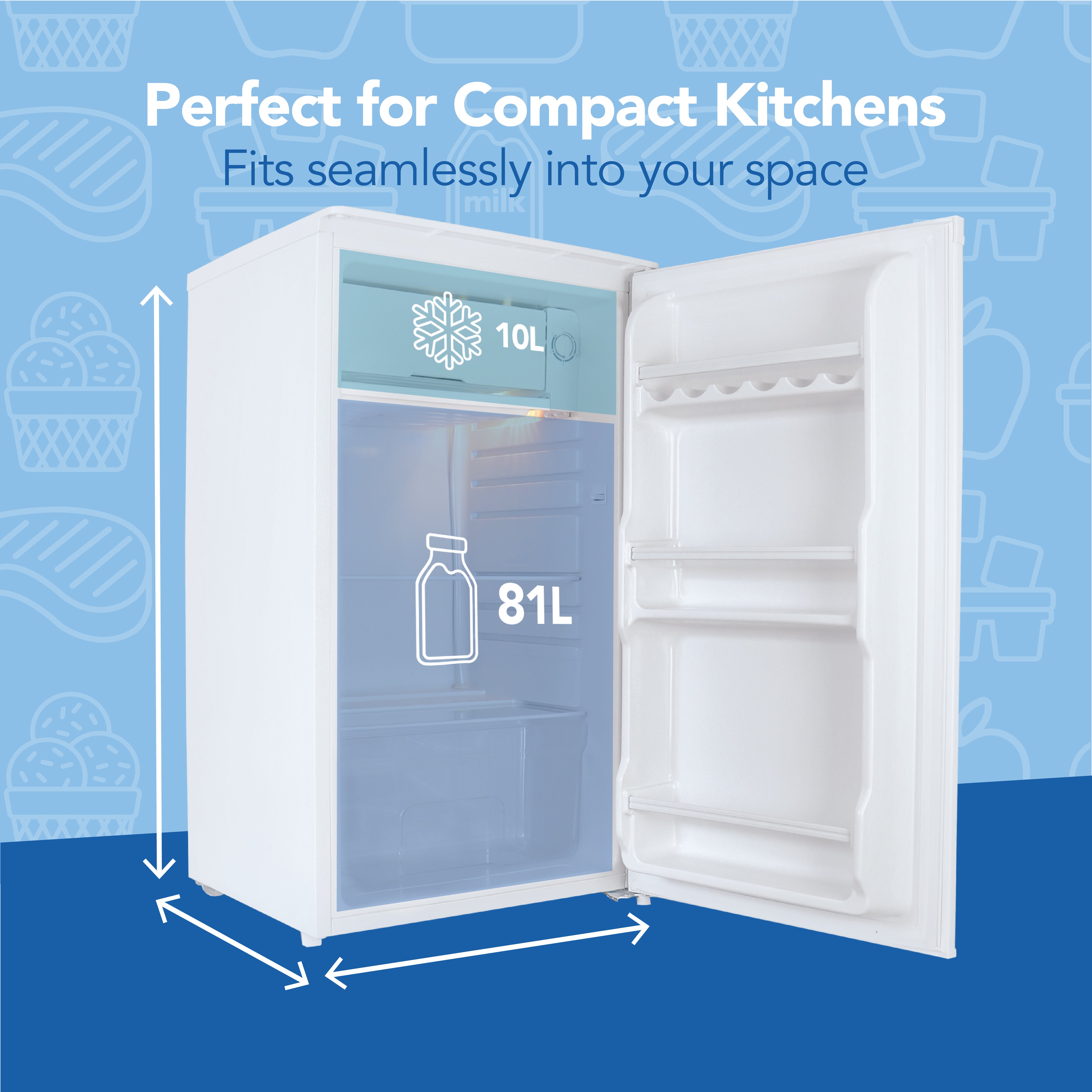 A compact white Igenix Under Counter Fridge with Chill Box, 91L capacity, shown with the door open. Perfect for compact kitchens—fits seamlessly into your space. Arrows highlight its space-saving dimensions.