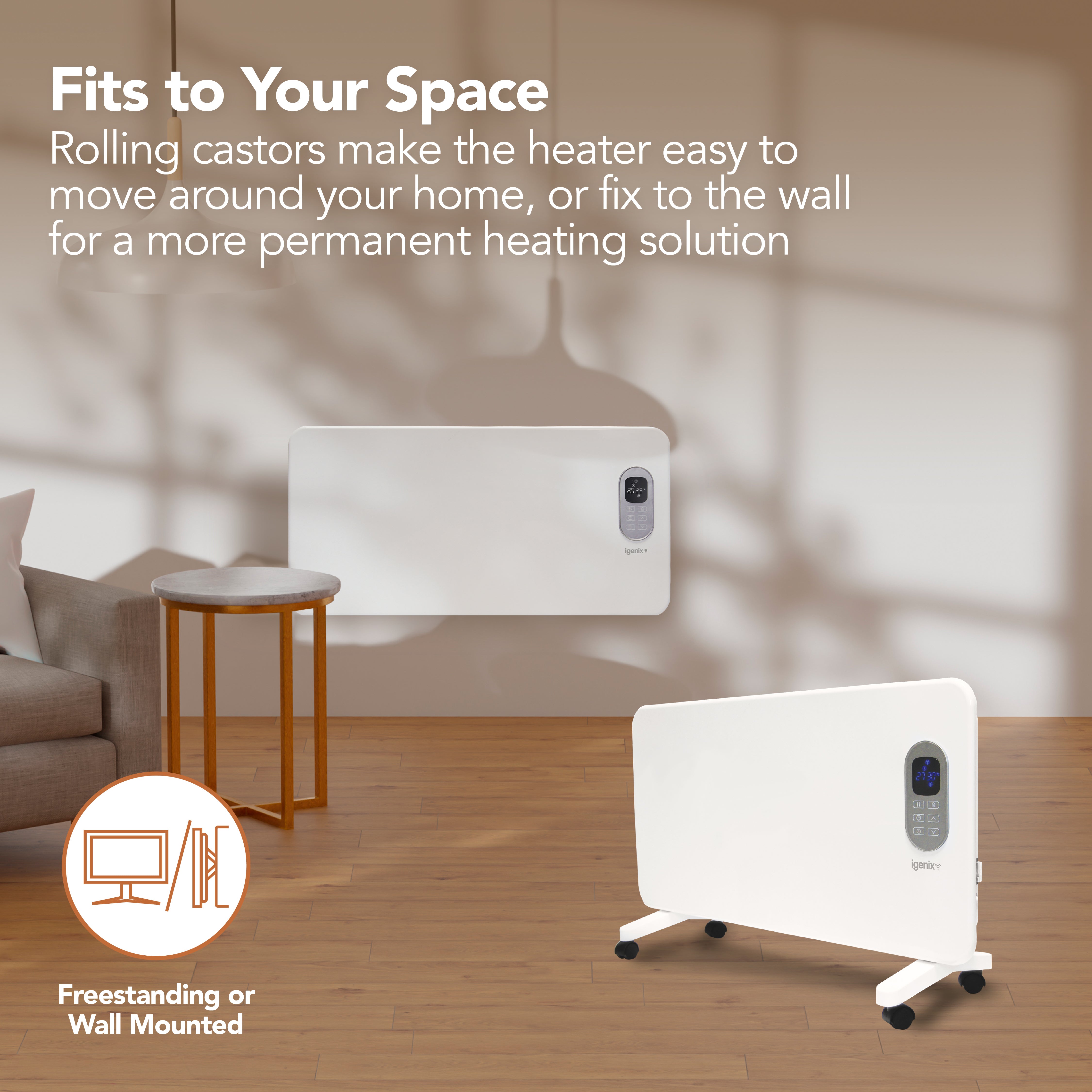 The Igenix Smart Electric Panel Heater, 1500W in white, features a digital display and stands on wheels in a modern living room. This Alexa-compatible heater is freestanding or wall-mounted for flexible or permanent heating.