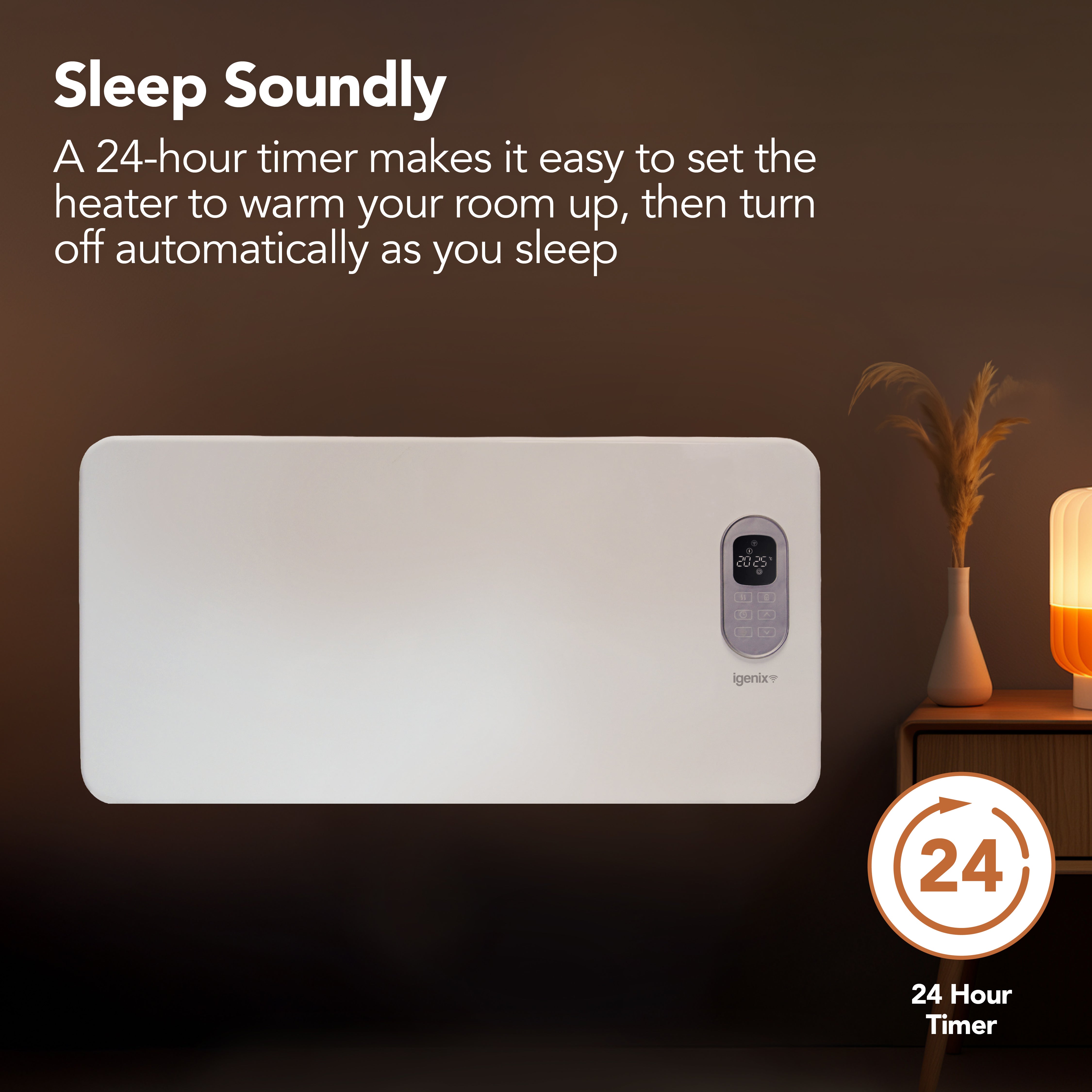 The Igenix Smart Electric Panel Heater, 1500W, White, is wall-mounted in a cozy room with warm lighting. Text: “Sleep soundly. A 24-hour timer keeps your room warm and switches off automatically as you sleep.”.