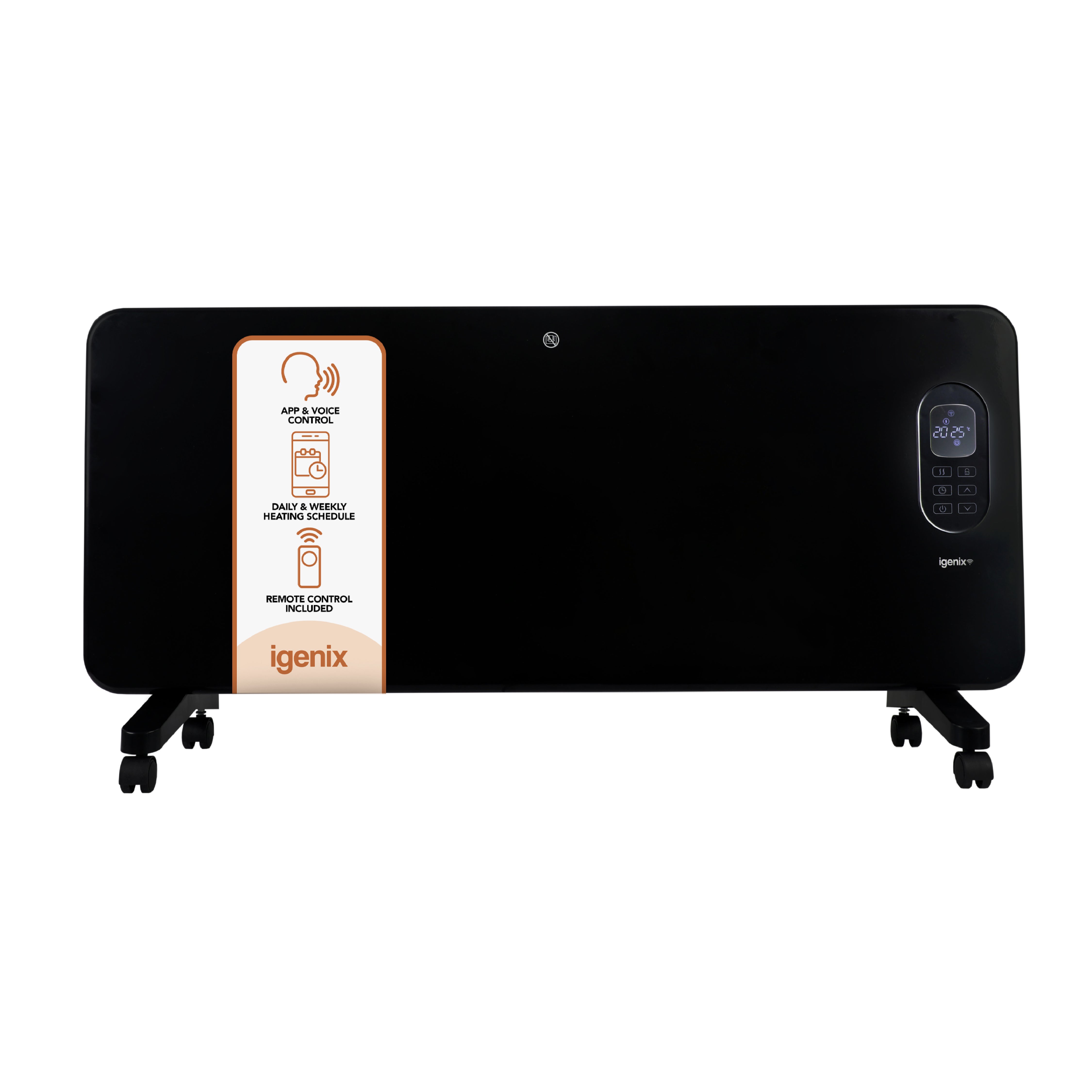 The Igenix Smart Electric Panel Heater, 2000W in black, features right-side control buttons, four wheels, app and remote control, a 24/7 weekly programmable schedule, and Alexa compatibility for convenience.