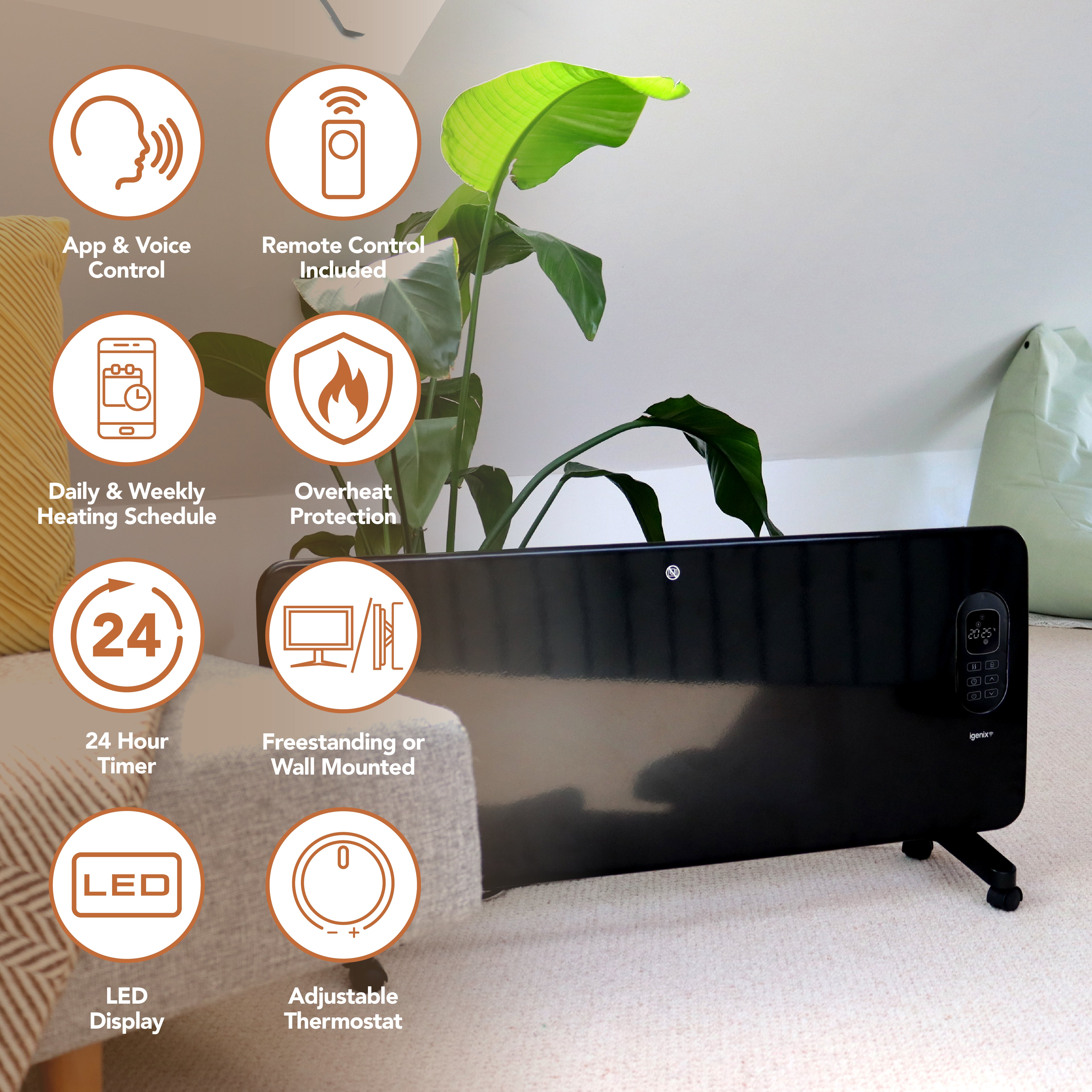 An Igenix Smart Electric Panel Heater, 2000W in black, with digital controls and wheels, sits near a green plant in a modern room. Icons highlight remote/app control, Alexa compatibility, timer, LED display, and adjustable thermostat.
