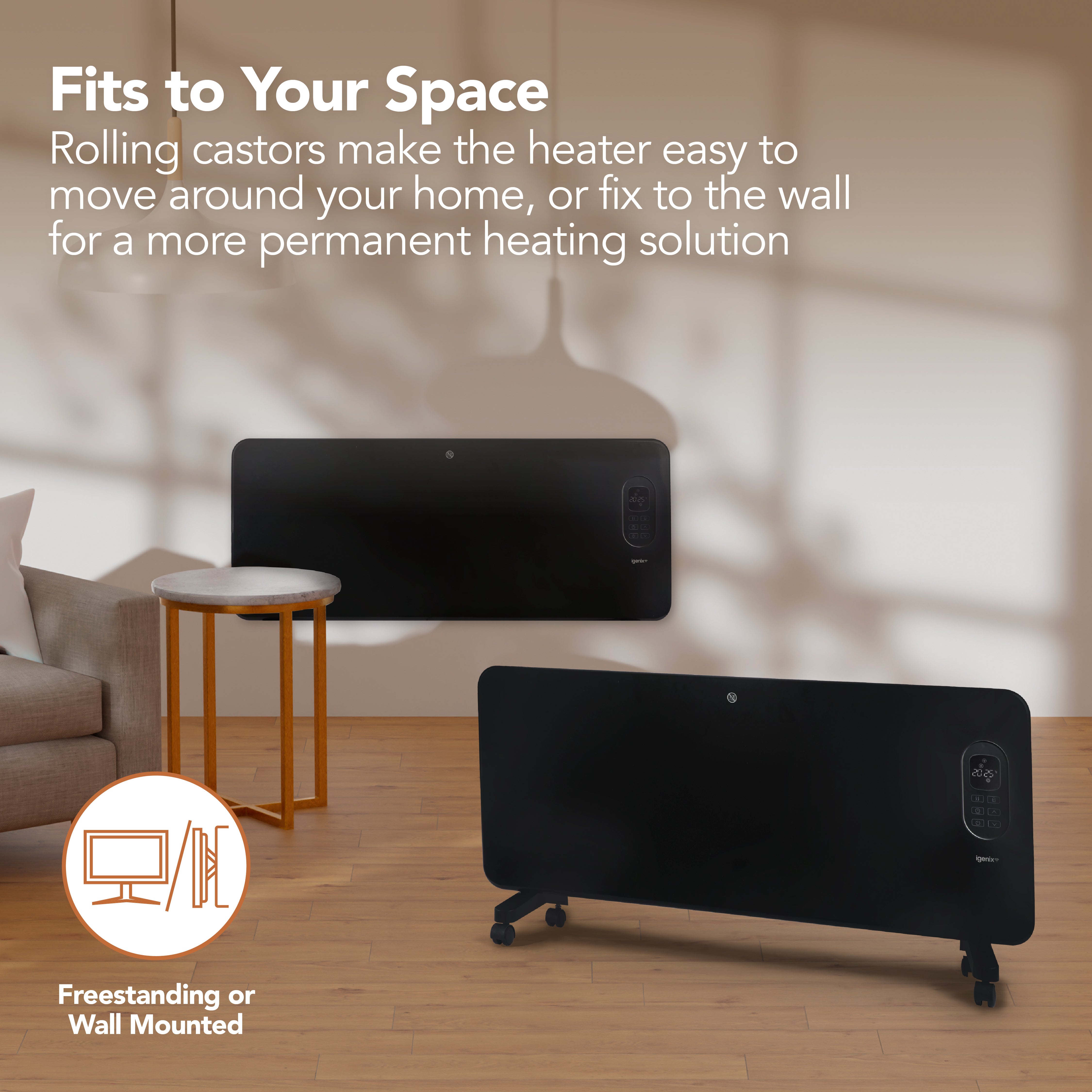 Two Igenix Smart Electric Panel Heaters, 2000W, Black—one wall-mounted, one freestanding with castors—are in a neutral living room. Shown are app control features with both wall-mount and portable installation options.
