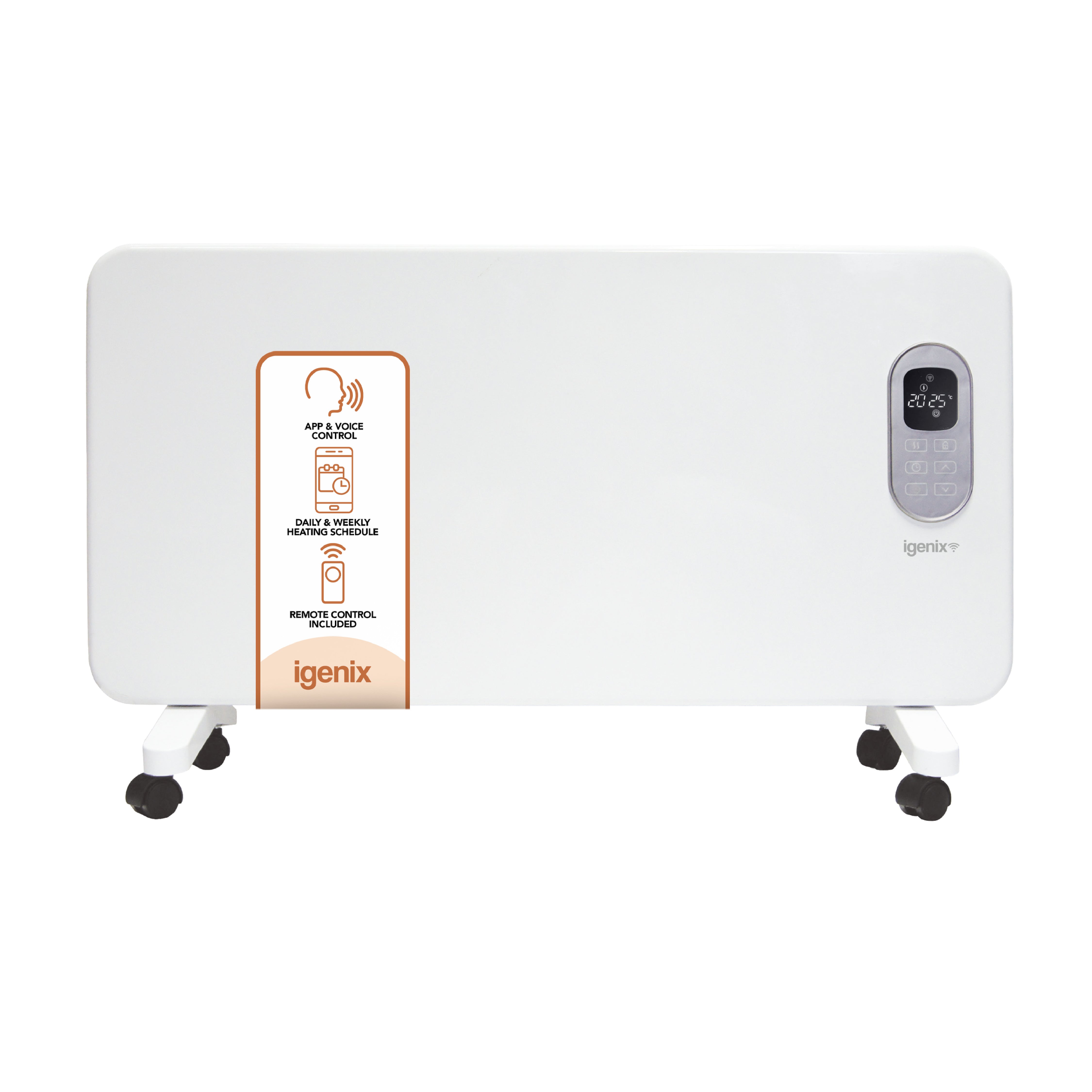 The Igenix Smart Electric Panel Heater (2000W, White) features a right-side control panel and display, four wheels for easy movement, and WiFi heating with app/voice control—including Alexa—highlighted on the left.