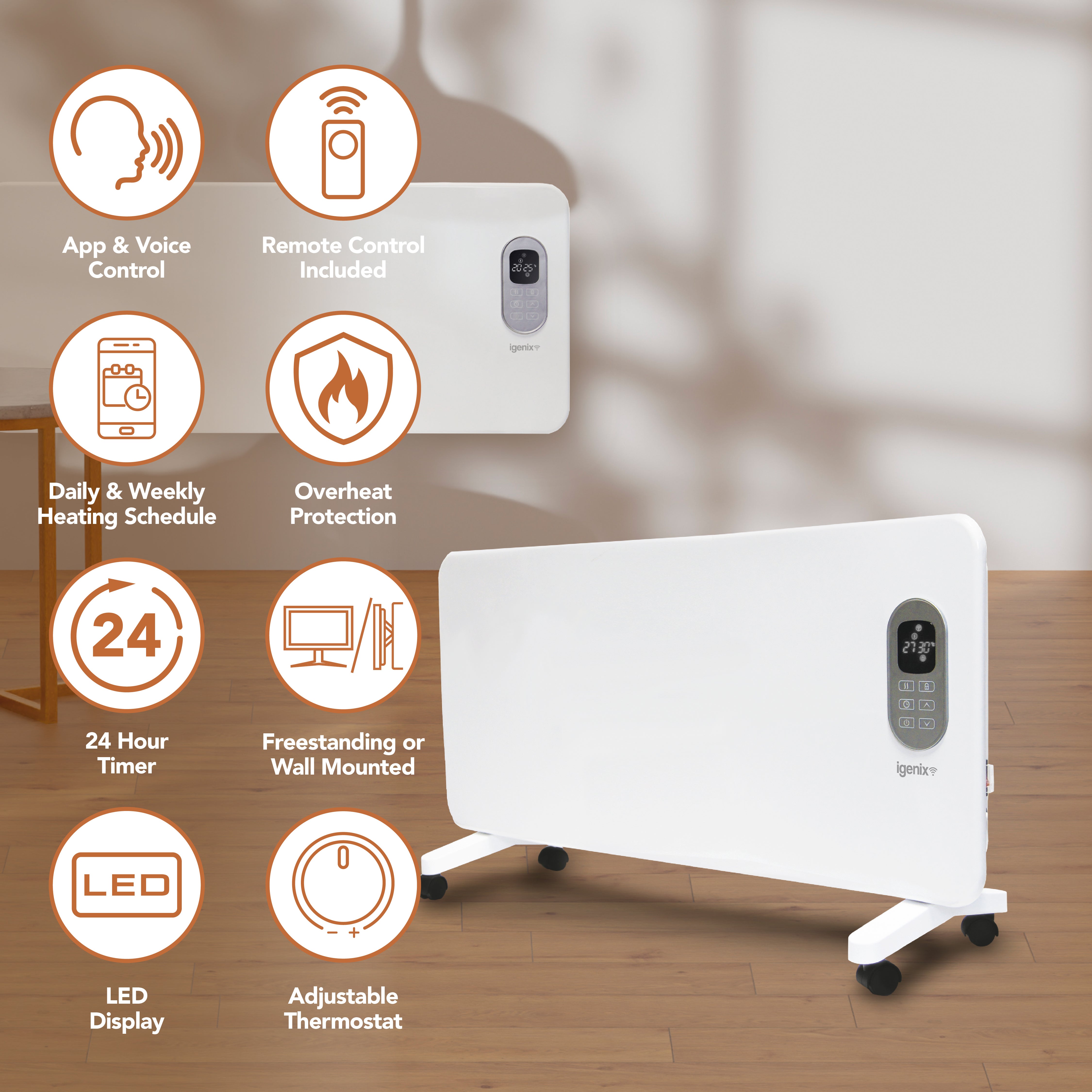 The Igenix Smart Electric Panel Heater, 2000W, White is shown in a living room. Icons highlight app/voice control, Alexa compatibility, remote, timer, overheat protection, LED display, adjustable thermostat & wall/floor mounting.