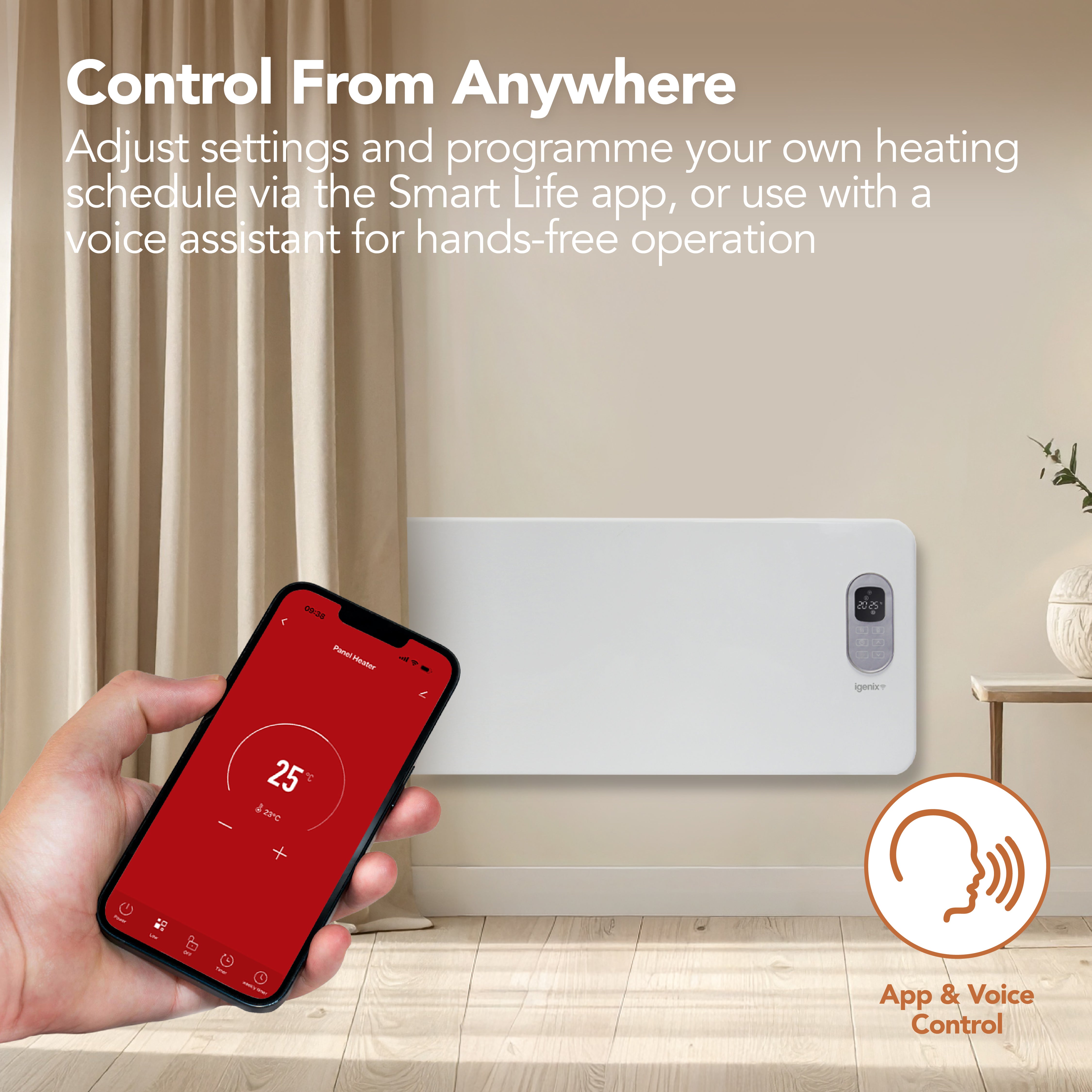 A person uses a smartphone to adjust the Igenix Smart Electric Panel Heater, 2000W, White to 25°C via app, highlighting its Alexa compatibility for remote temperature and voice control.