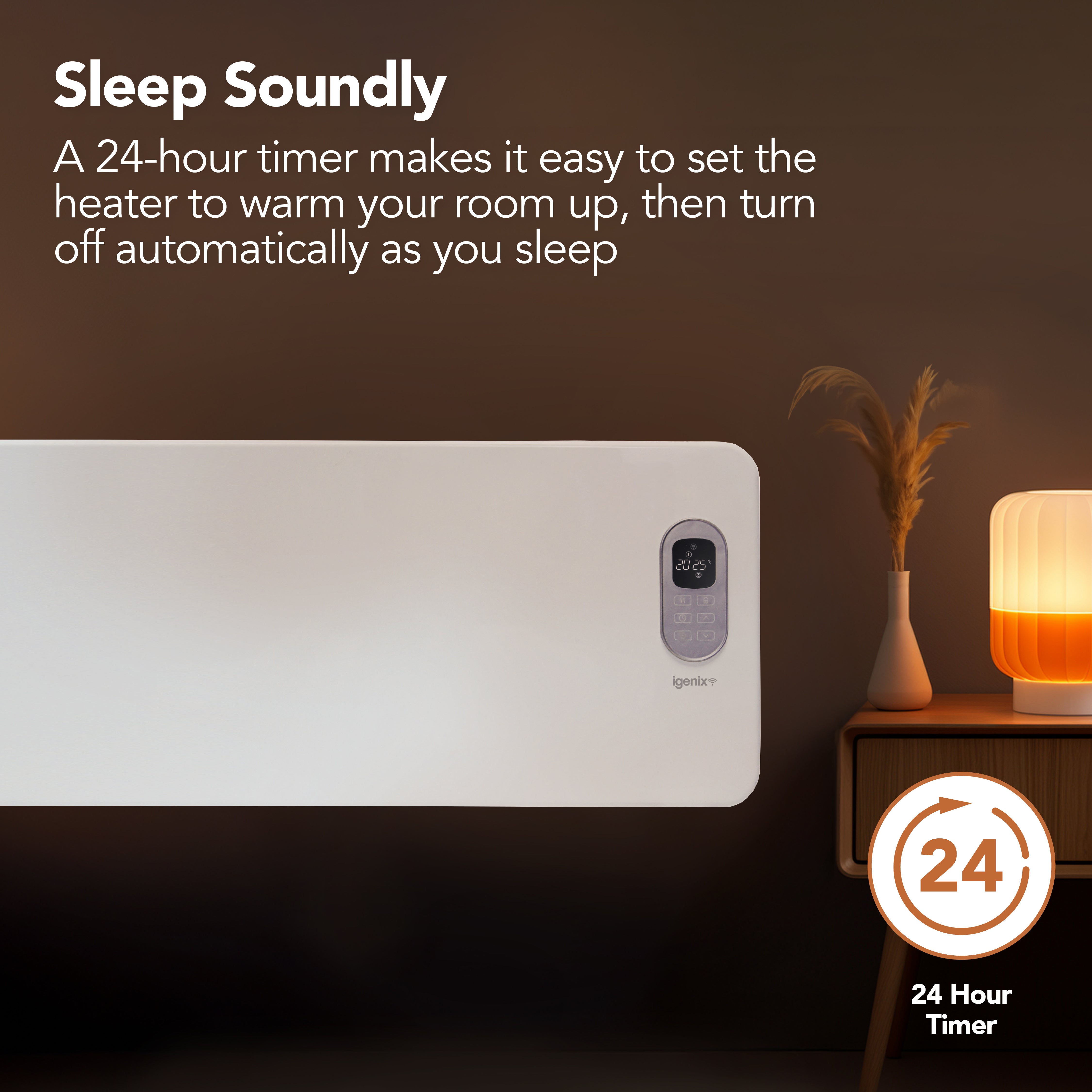 The Igenix Smart Electric Panel Heater (2000W, White) is wall-mounted beside a lamp and plant, featuring a digital display, 24-hour timer for room heating and auto shut-off. Its WiFi compatibility offers added convenience.