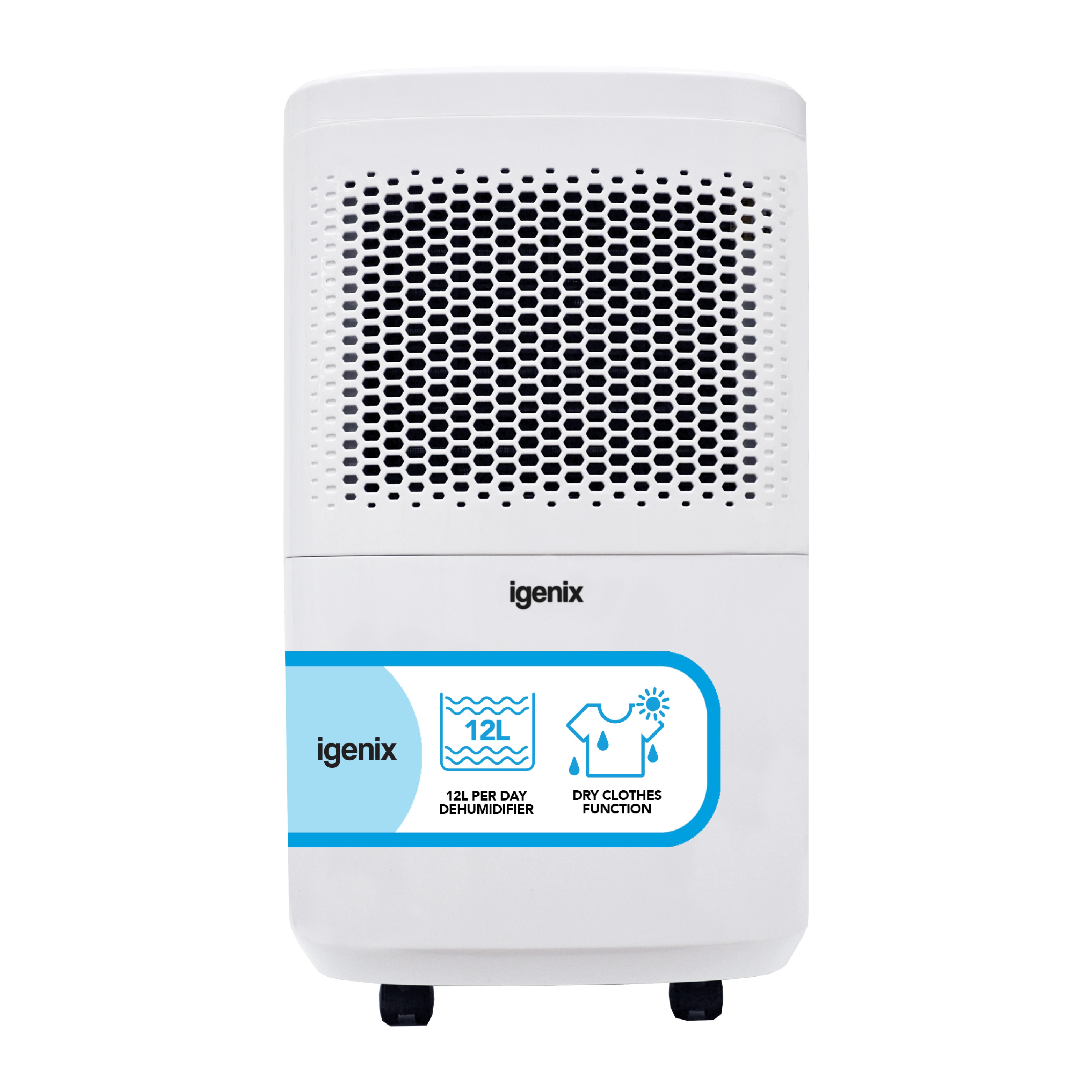 The Igenix Portable Dehumidifier features a vented front panel, black feet, and a blue label showing its 12L/day capacity, dry clothes function, and continuous drainage option.