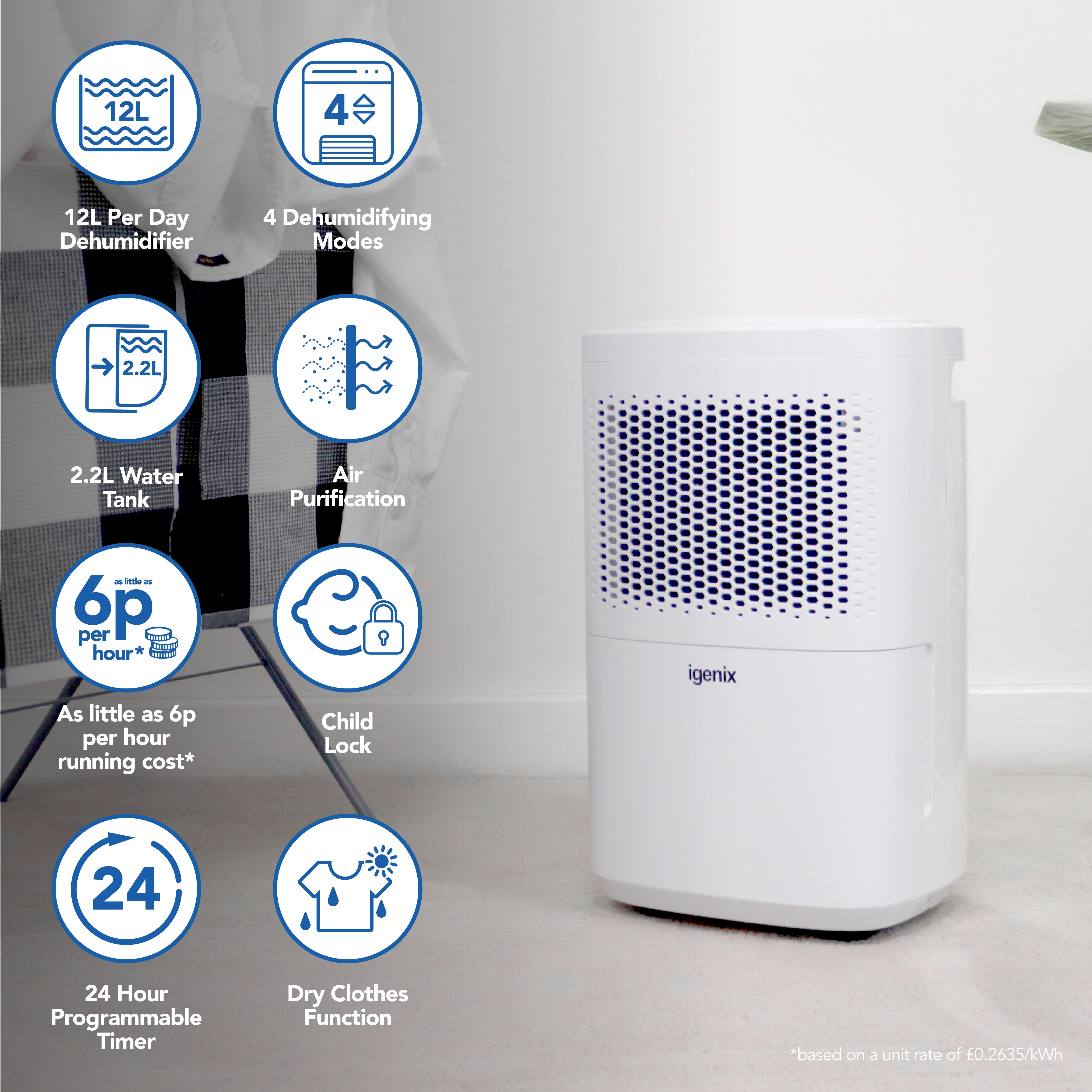 An Igenix Portable Dehumidifier (extracts 12L/day) stands on a light floor, with icons showing its 4 modes, air purification, child lock, 24h timer, dry clothes feature, and low running cost.